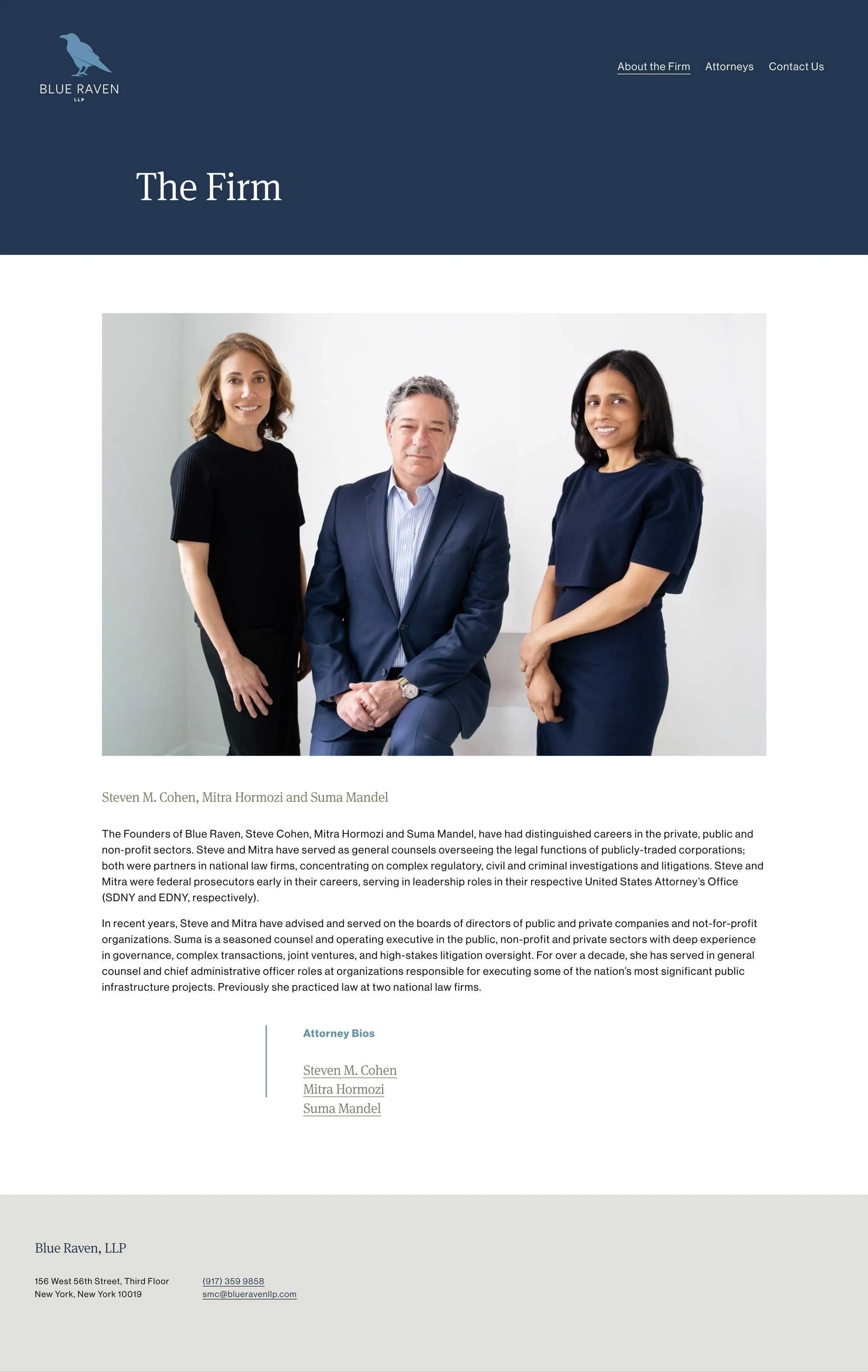 Webpage for Blue Raven LLP law firm featuring a photo of three lawyers, Steven M. Cohen, Mitra Hormozi, and Suma Mandel, with a firm description and contact information.