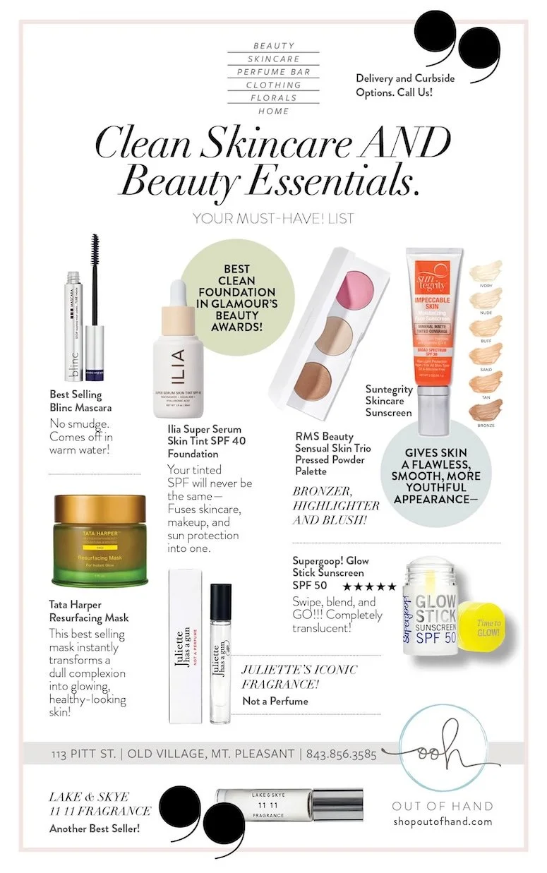 Advertisement for skincare and beauty products including mascara, foundation, pressed powder palette, sunscreen, resurfacing mask, fragrance, and a glow stick, with contact details and store location.