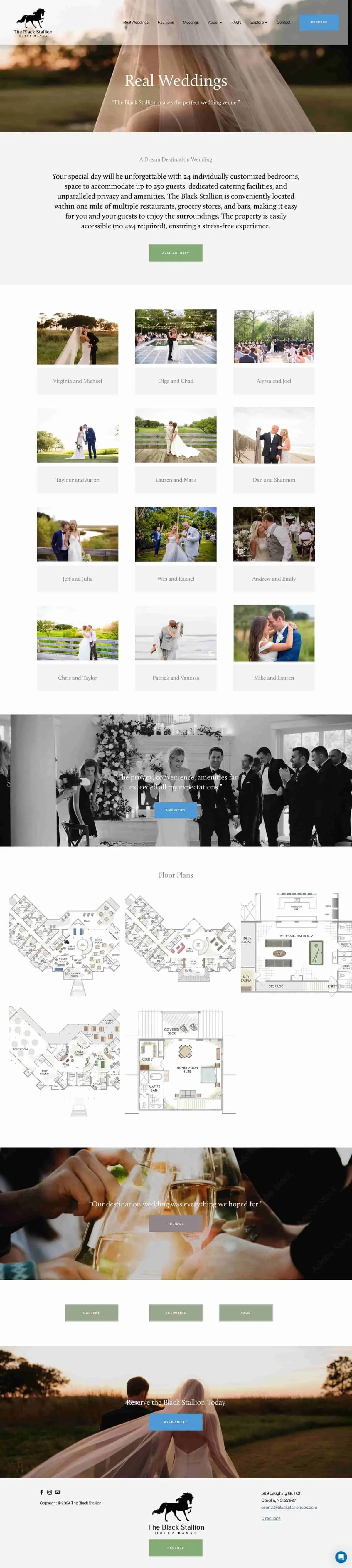 Webpage of The Black Stallion Outback Ranch featuring services for real weddings, wedding photos, floor plans, and contact information. Includes images of couples and wedding scenes.