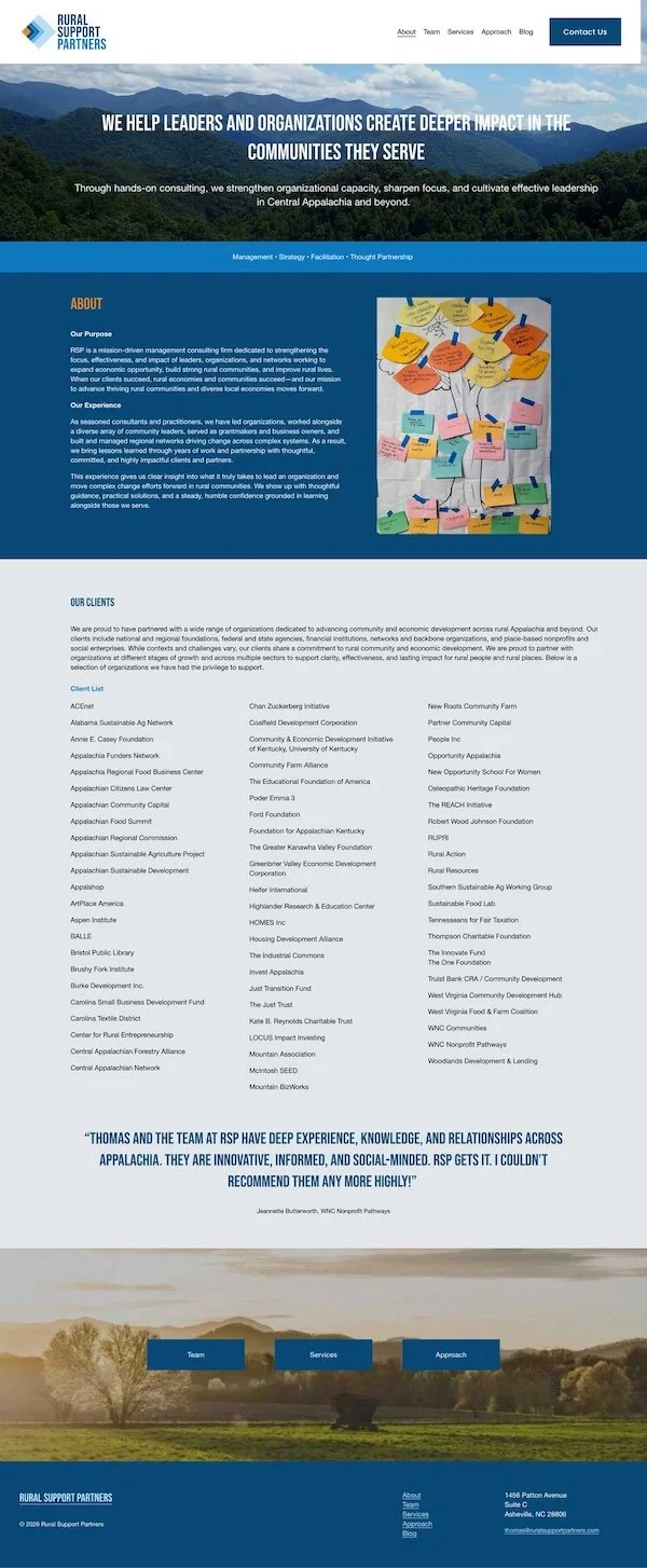 Squarespace website homepage for Rural Support Partners featuring a mountain landscape, navigation menu, mission statement, an image of colorful sticky notes, a list of clients, a testimonial, and contact information.