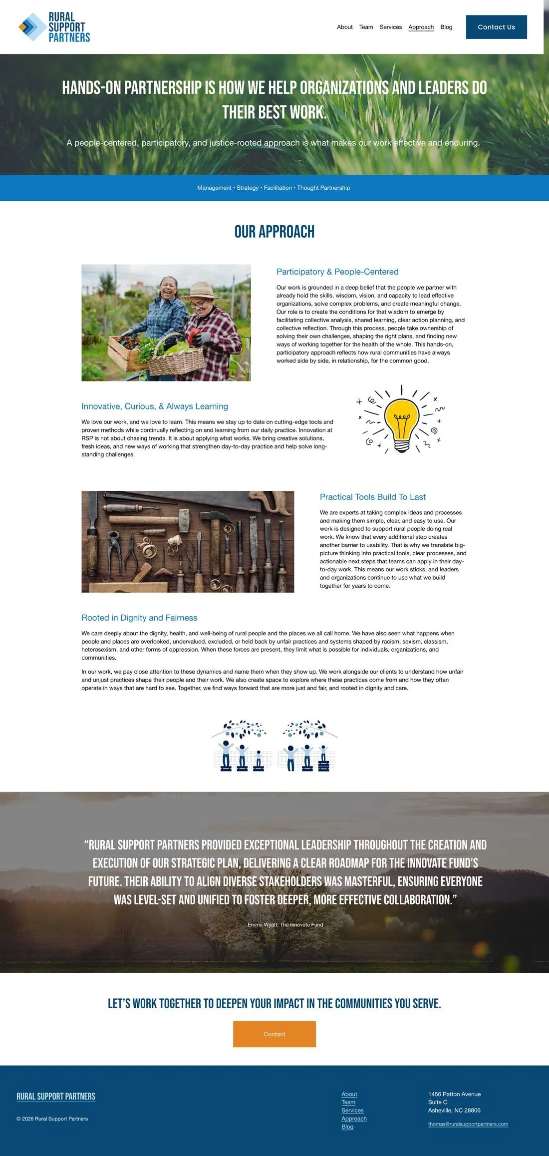 Squarespace homepage of Rural Support Partners website with headings about partnership, approach, and a photo of two smiling women working in a garden, holding a basket of vegetables.