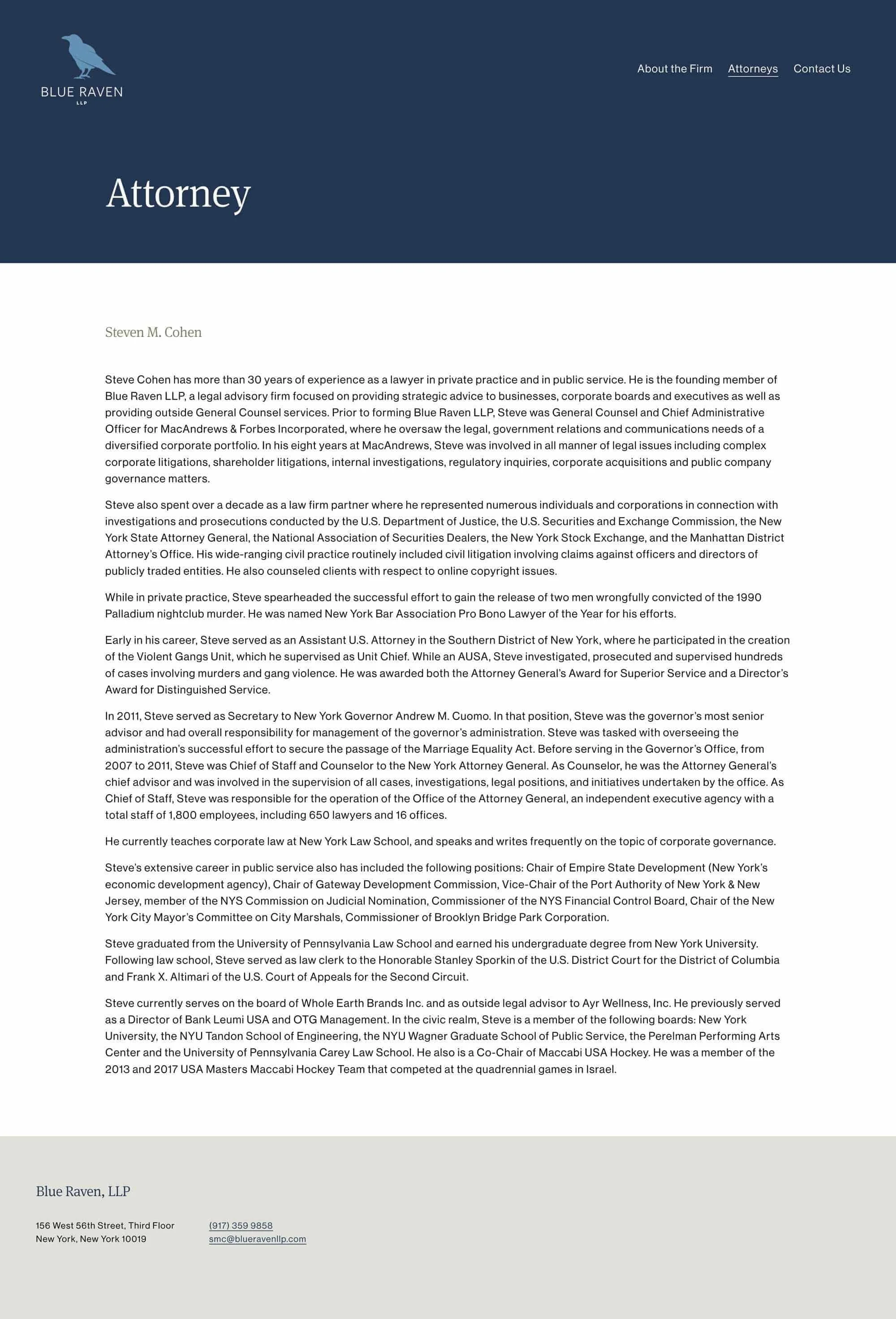 Webpage of Blue Raven LLP law firm with a profile of attorney Steven M. Cohen, including his biography, career achievements, and contact information.