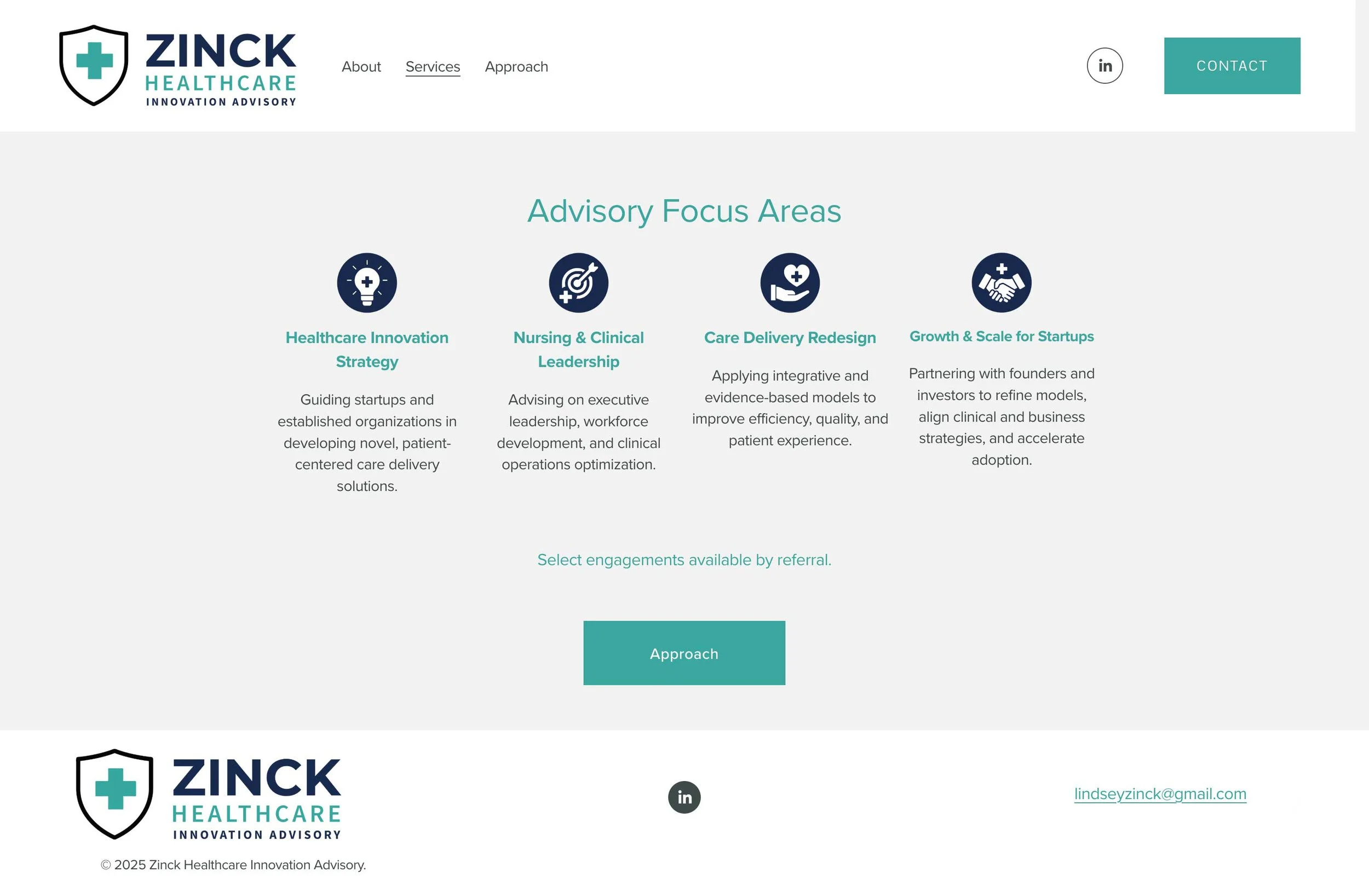 Homepage of Zinck Healthcare Innovation Advisory featuring navigation links, logo, contact button, and advisory focus areas: Healthcare Innovation Strategy, Nursing & Clinical Leadership, Care Delivery Redesign, and Growth & Scale for Startups.