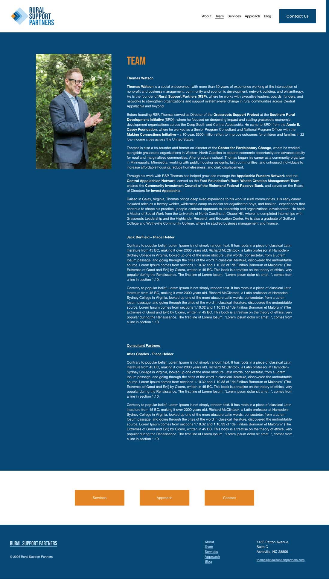 Squarespace web page for Rural Support Partners featuring team members' profiles, including a profile of a man in a suit with glasses, and sections for services, approach, and contact information.