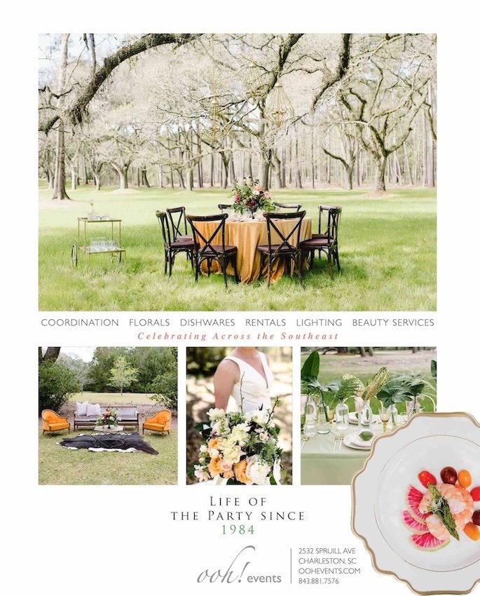 An advertisement for event planning services showing an outdoor setting with a round table with a yellow tablecloth and six black chairs, surrounded by trees. There are additional smaller images of a garden sofa, a floral bride bouquet, and a decorated table with greenery. The text mentions floral arrangements, rentals, lighting, and other services, with a focus on events across the Southeast since 1984, in Charleston, SC.