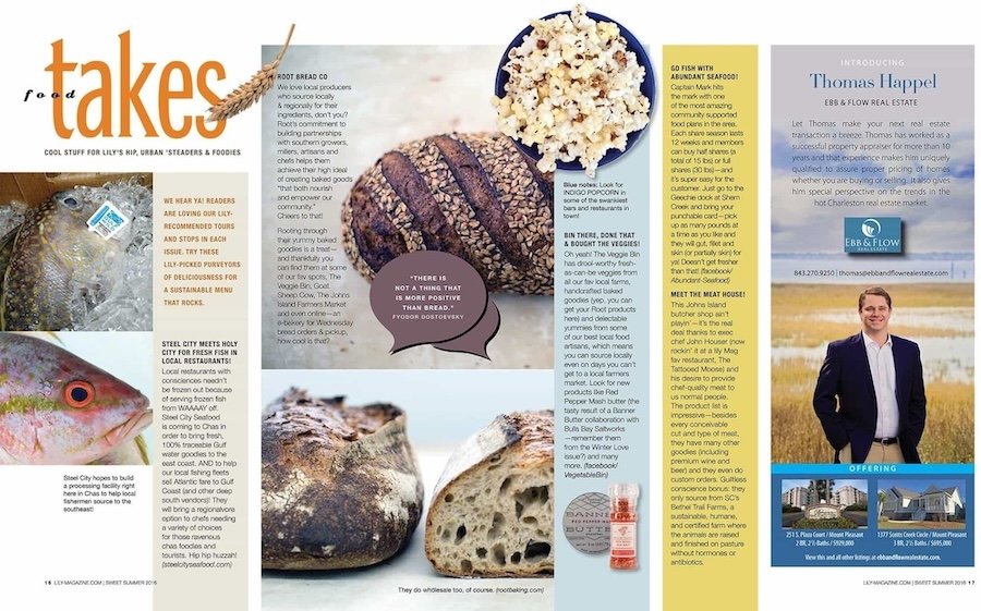 A magazine spread featuring articles on local food, a grilled steak with mashed potatoes, a fish, bread rolls, and an advertisement for Thomas Happel, a real estate agent.