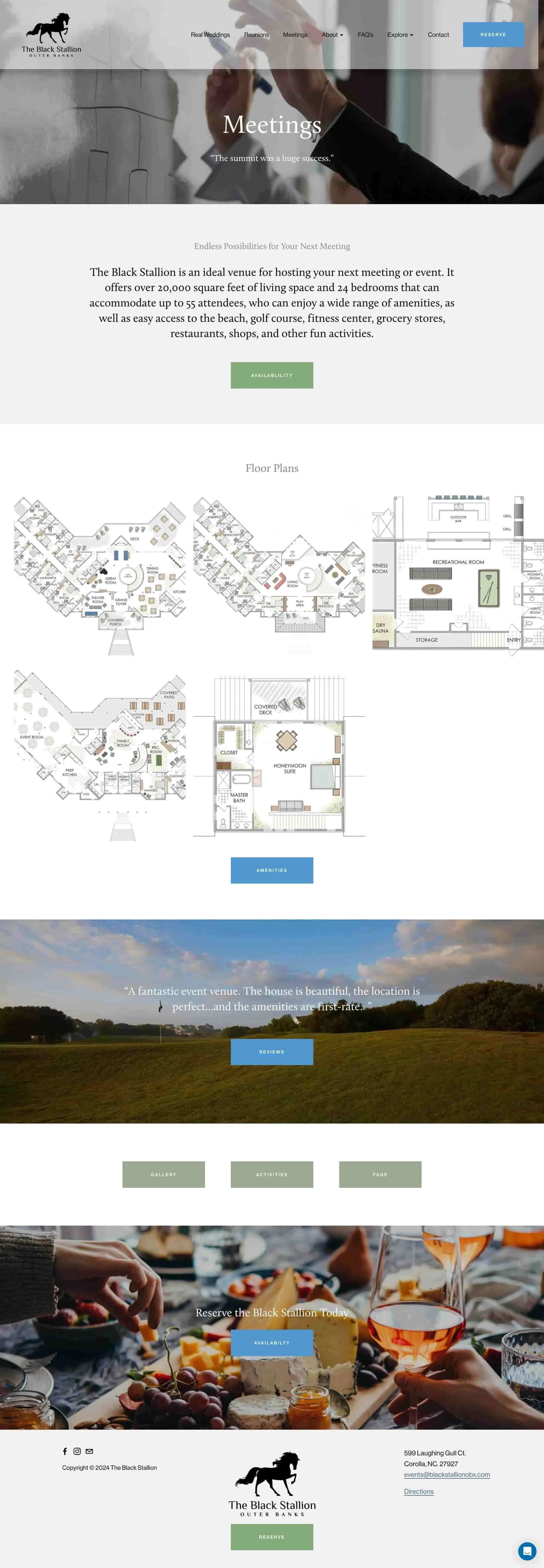 Website homepage for The Black Stallion Outer Banks, featuring information about their event spaces, floor plans, amenities, and reviews, with images of a golf course, outdoor meal, and event spaces.