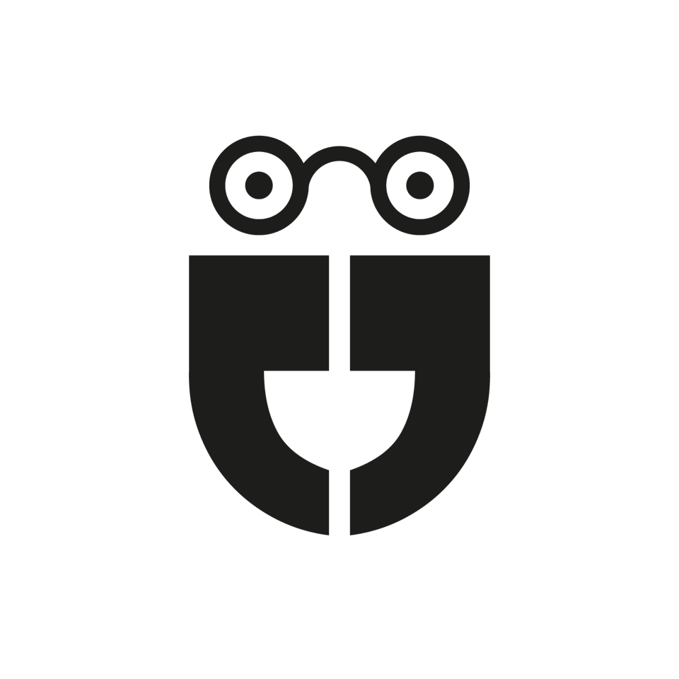 Minimalist black and white illustration of a face with glasses, a nose, and a smiling mouth.