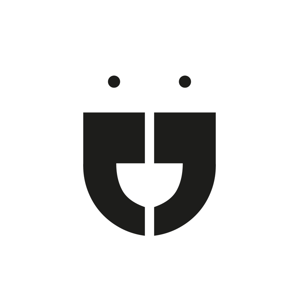 Black-and-white line drawing of a dog's face with a smiling expression.