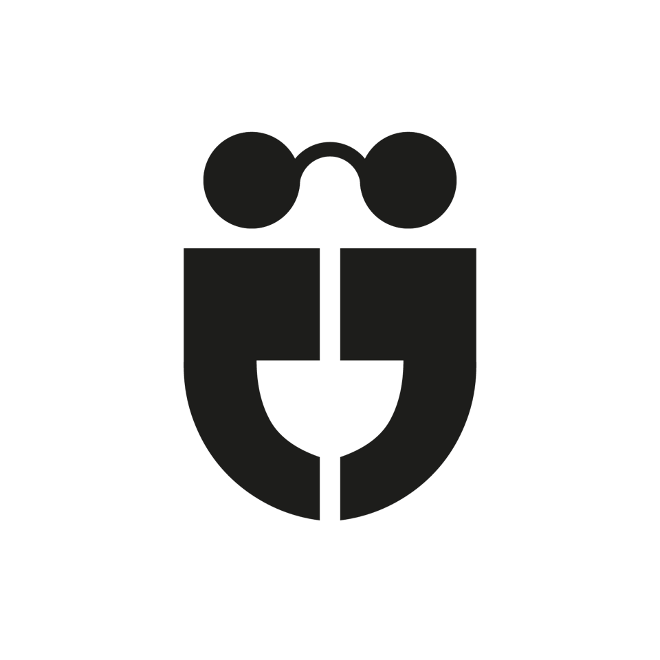 Minimalist black and white illustration of a smiling face wearing round glasses and a wine glass as a mouth.