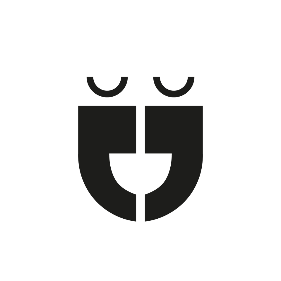 Minimalist black and white abstract face with closed eyes, nose, and smiling mouth.