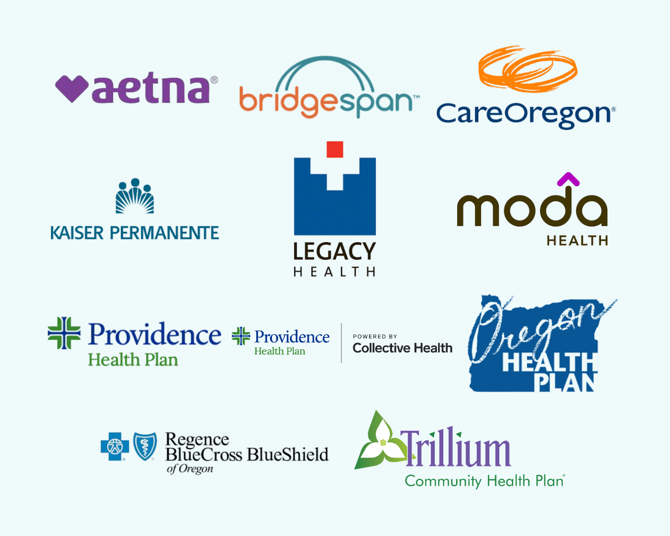 Accepted insurance plan logos, including Aetna, Bridgespan Health, CareOregon, Kaiser Permanente, Legacy Health, Moda Health, Providence Health Plan, Providence Health Plan powered by Collective Health, Oregon Health Plan, Regence, and Trillium