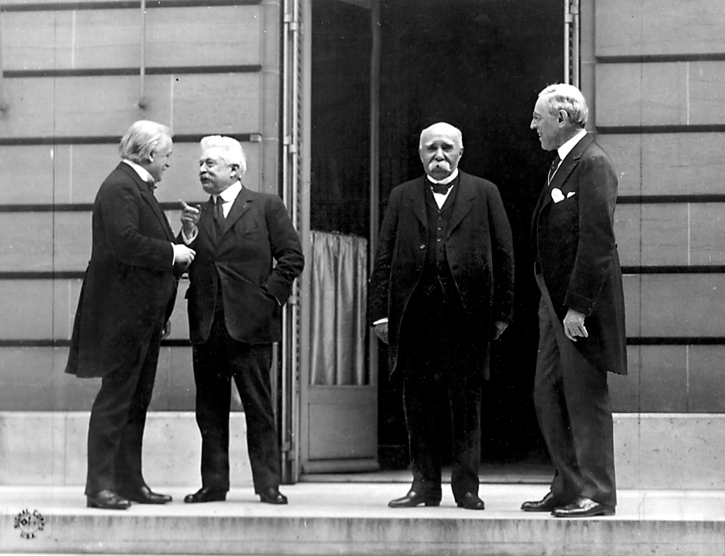 Council of Four at the WWI Paris peace conference, May 27, 1919 (L - R) Prime Minister David Lloyd George (Great Britain), Premier Vittorio Orlando (Italy), Premier Georges Clemenceau (France), President Woodrow Wilson (USA).