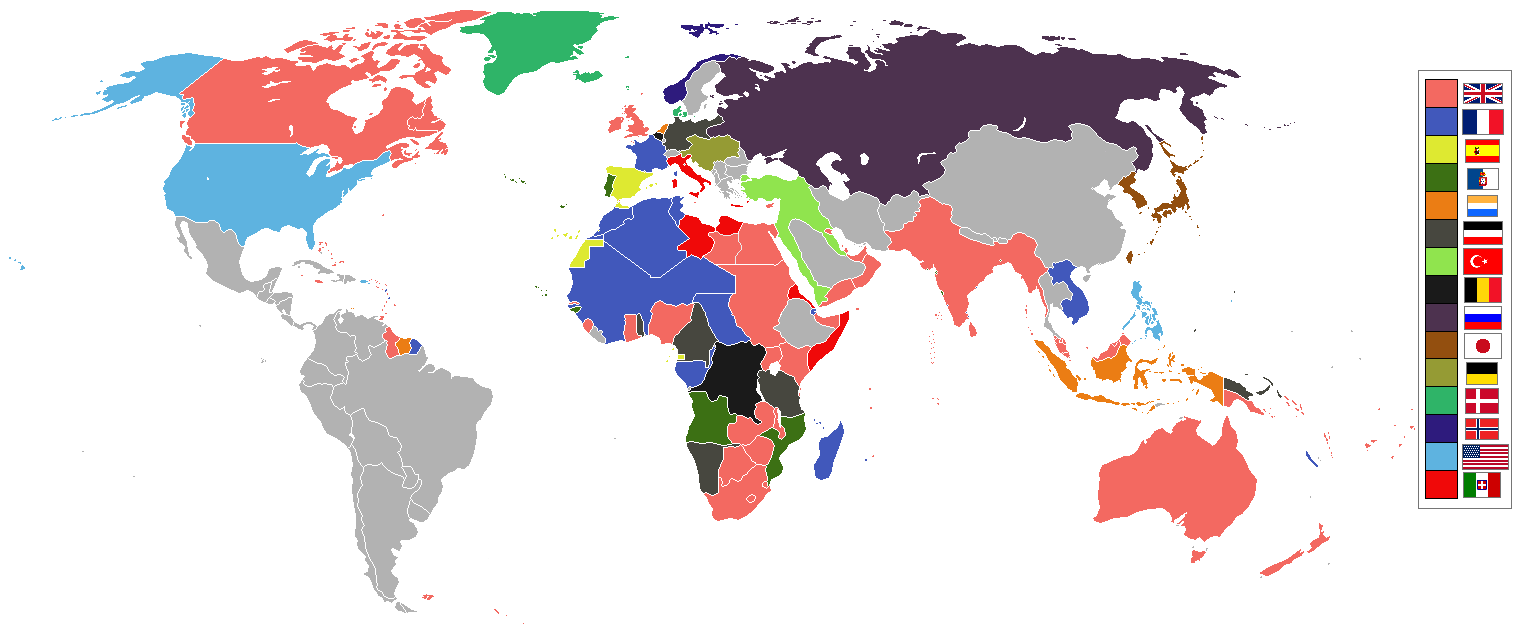 Map of colonial and land-based empires throughout the world in 1914, by Andrew0921, (CC BY 3.0), via Wikipedia.