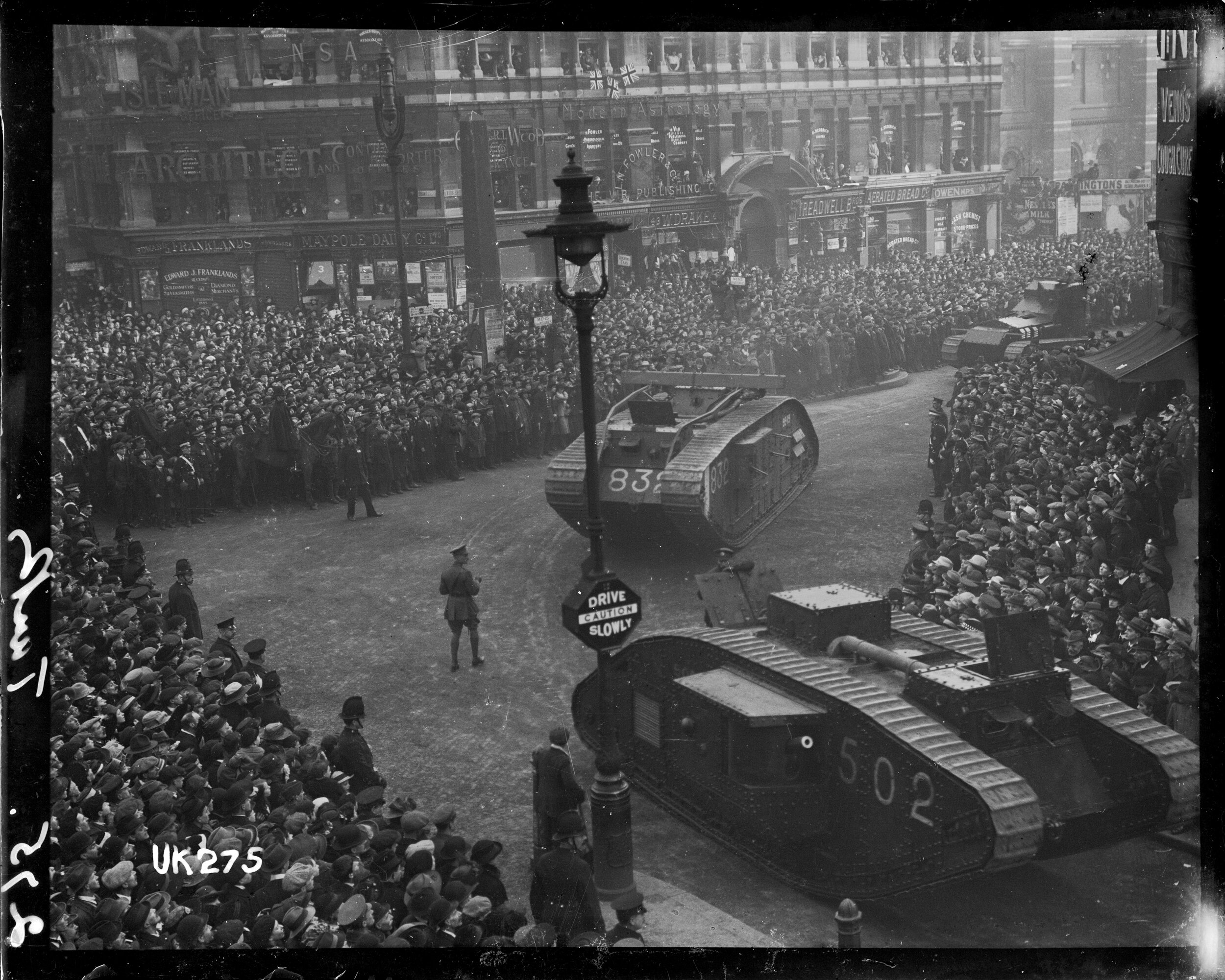  Tanks on parade in London at the end of World War I, 1918. 