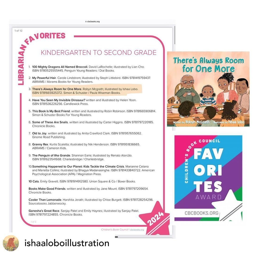 Posted @withregram &bull; @ishaaloboillustration Yay!! Our book, THERE&rsquo;S ALWAYS ROOM FOR ONE MORE, has been voted onto the 2024 Children&rsquo;s Book Council&rsquo;s Favorites Award List! It made it to the top 10 (number 3!!) in the Librarian F