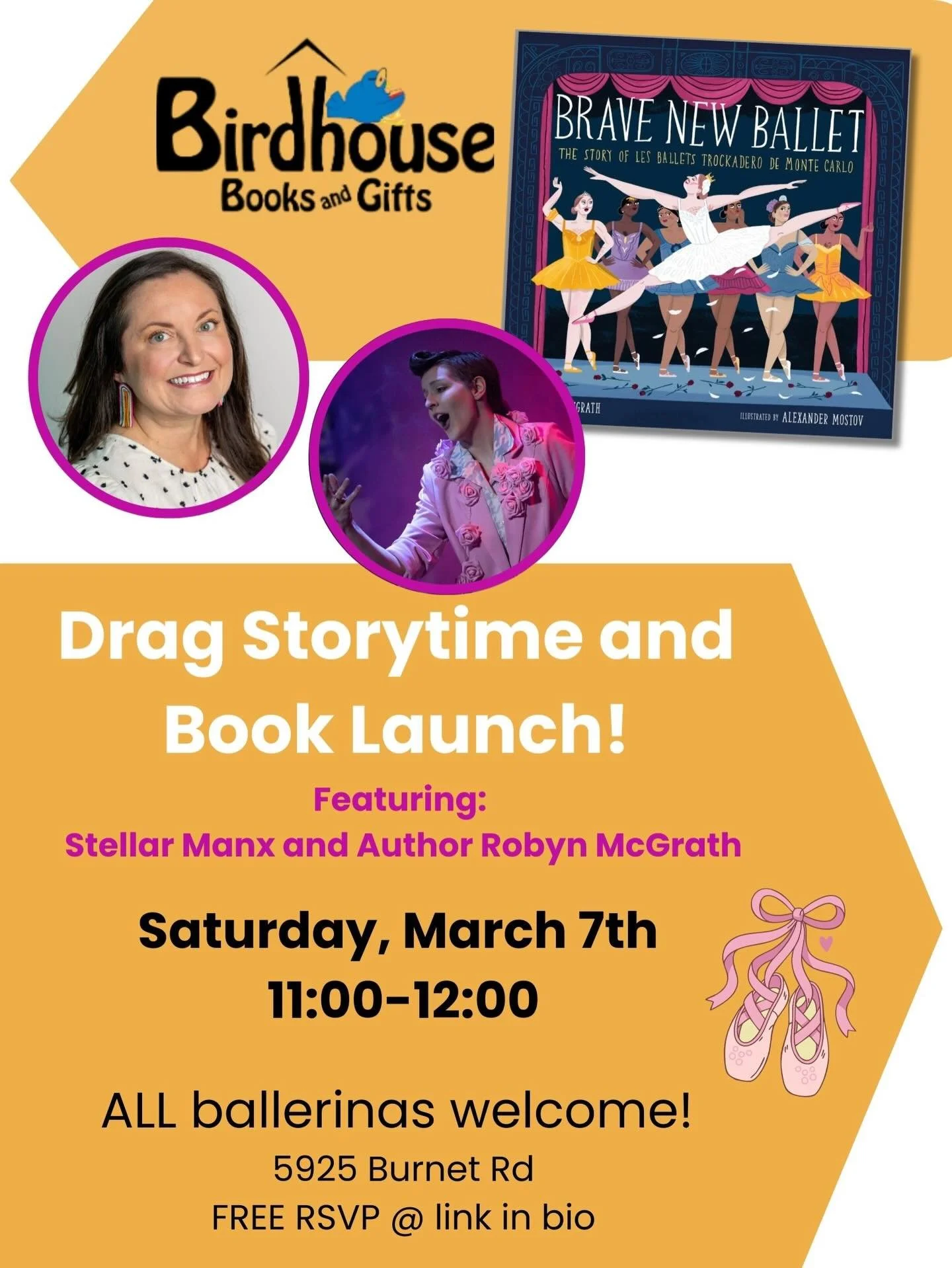 Please join me for the release of my next book-Brave New Ballet: The Story of Les Ballets Trockadero de Montecarlo. 🩰
We&rsquo;re celebrating right here in the neighborhood at Birdhouse Books! 
All ballerinas are welcome for Drag Storytime as we sha