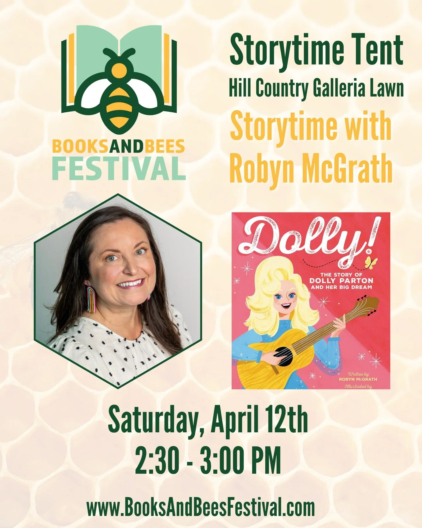 Where will you bee on Sat? 🐝 

You can find me and fellow kidlit authors at the Books and Bees Festival on April 12th! The Storytime Tent will be buzzing! 

1:30-2 pm @lalenafisherillustration
2-2:30 pm @teachsolis
2:30-3 pm DOLLY! 
3-3:30 pm @linds