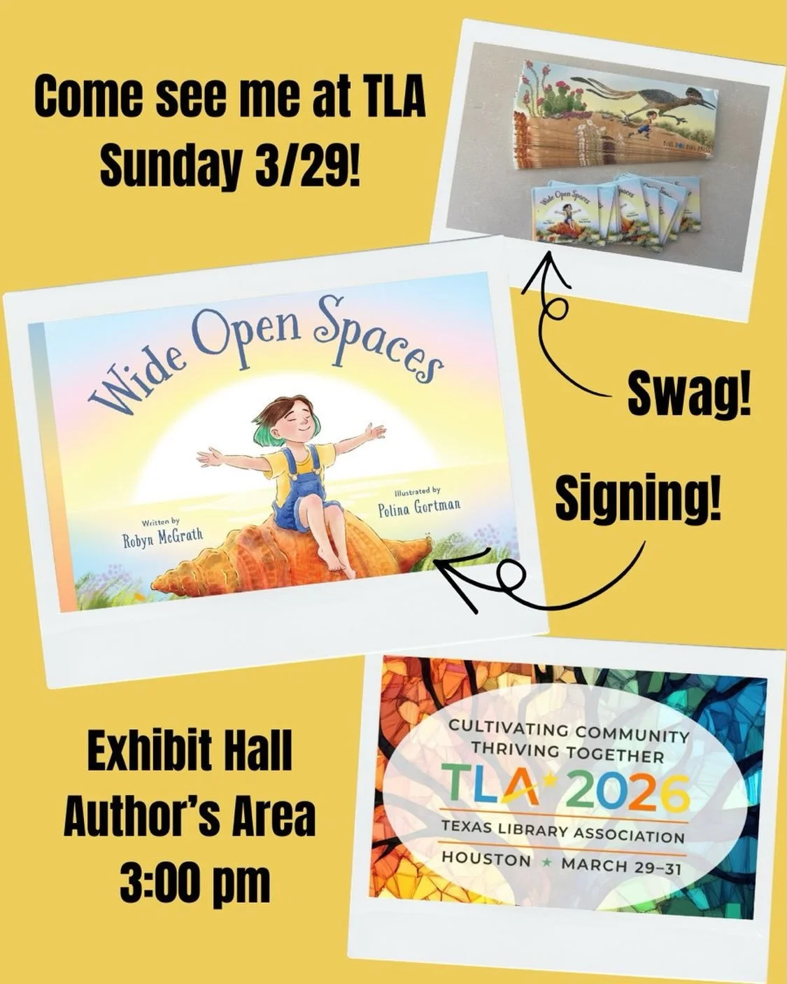 If you&rsquo;re at TLA next Sunday stop by and say, &ldquo;hi!&rdquo; I&rsquo;ll be signing copies of Wide Open Spaces at 3:00. And I&rsquo;ve got bookmarks and sticker swag to giveaway. ☀️ 

Excited to see my author and librarian friends! 📚 

@txla