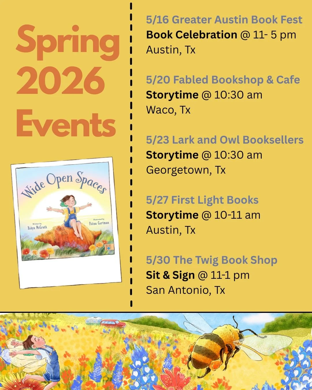 WIDE OPEN SPACES arrives in 10 days!! 🎉 🚐 

Spring is here and I&rsquo;m hitting the road to share WIDE OPEN SPACES&mdash;come celebrate with me! 🚐 I&rsquo;ll be popping up around Central Texas at my favorite bookstores and bringing a little adven
