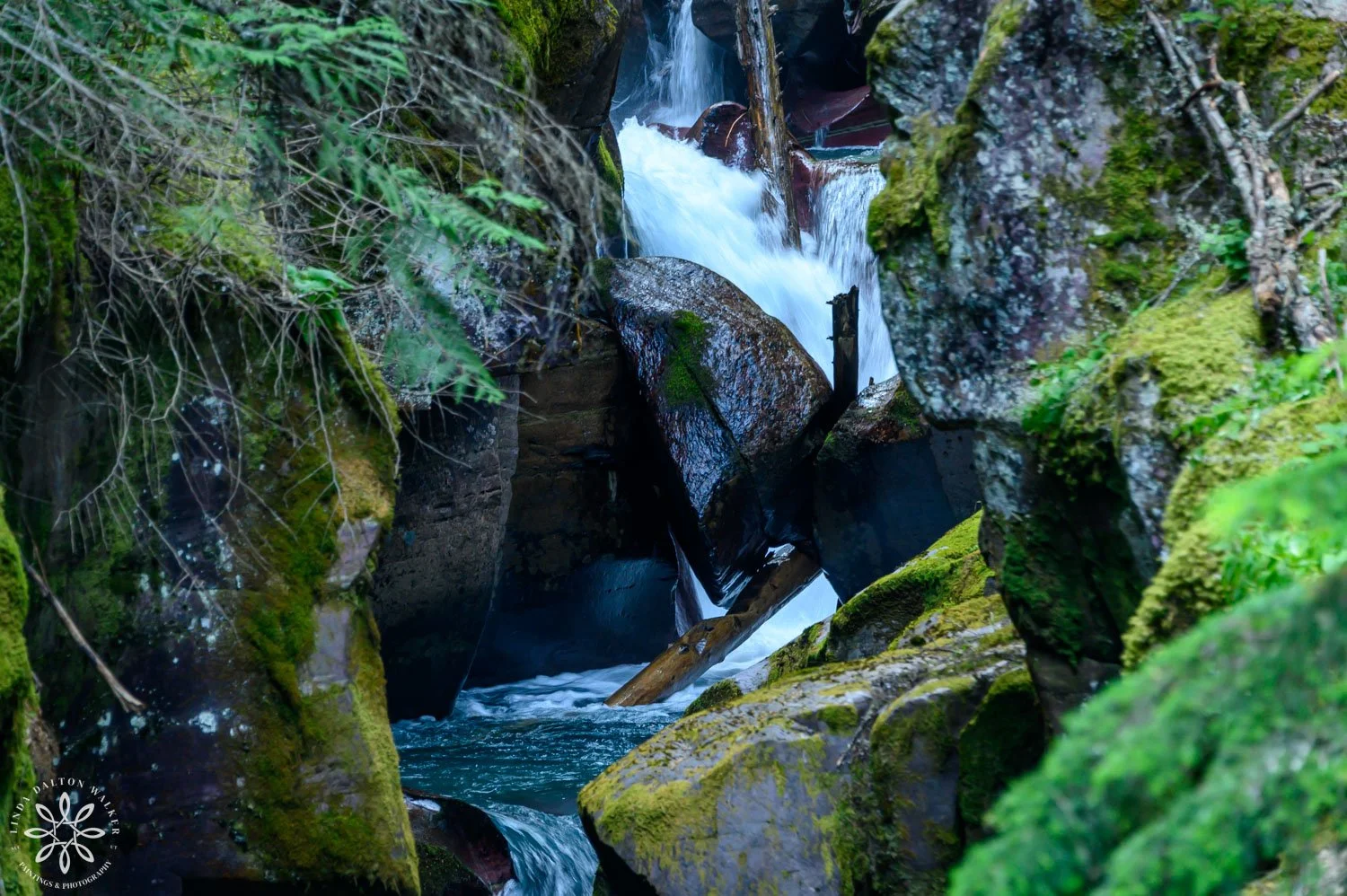 Waterfall through rocks, fine art photograph Glacier National Park
