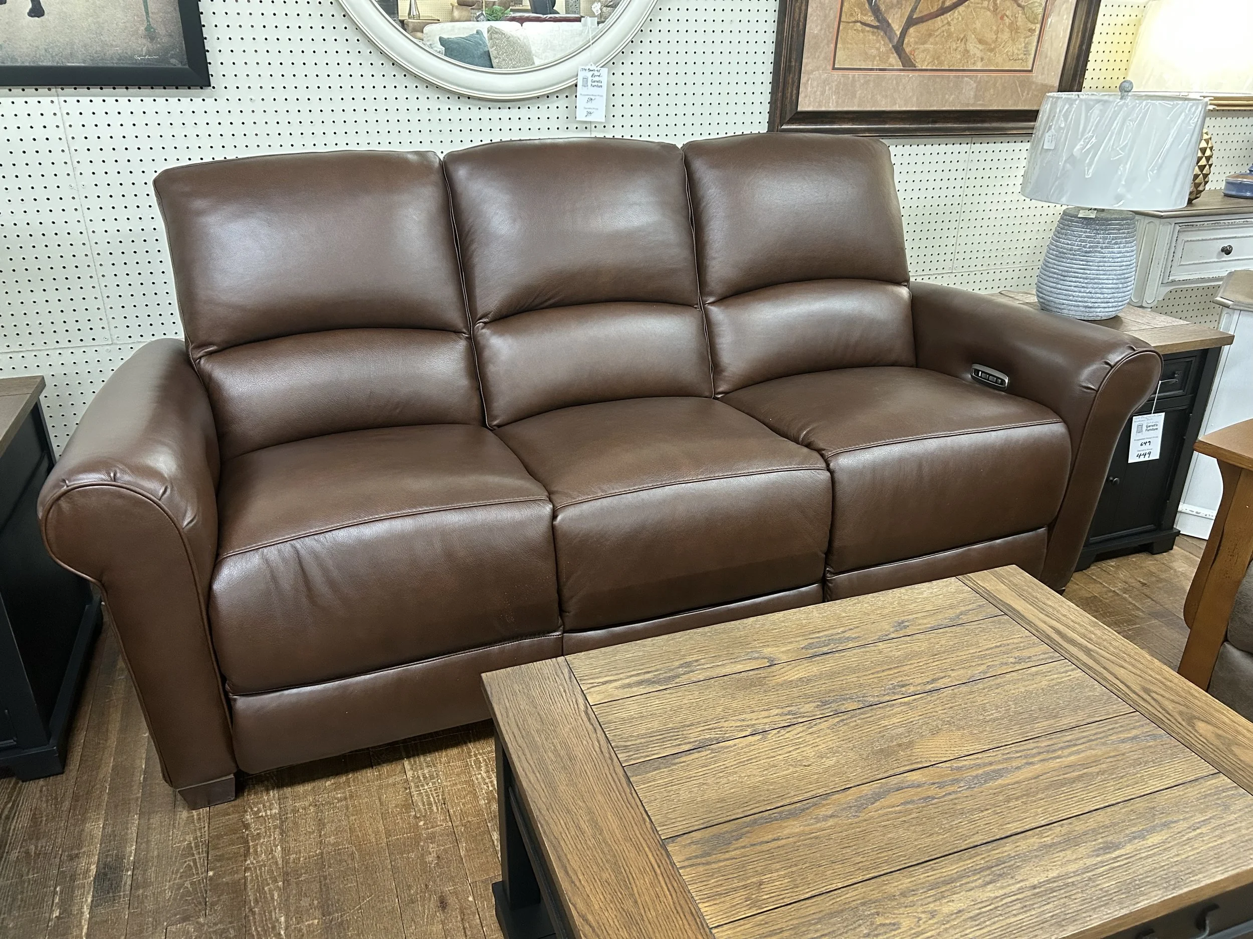 LaZBoy Clybourn power reclining sofa with articulating headrest in brown leather