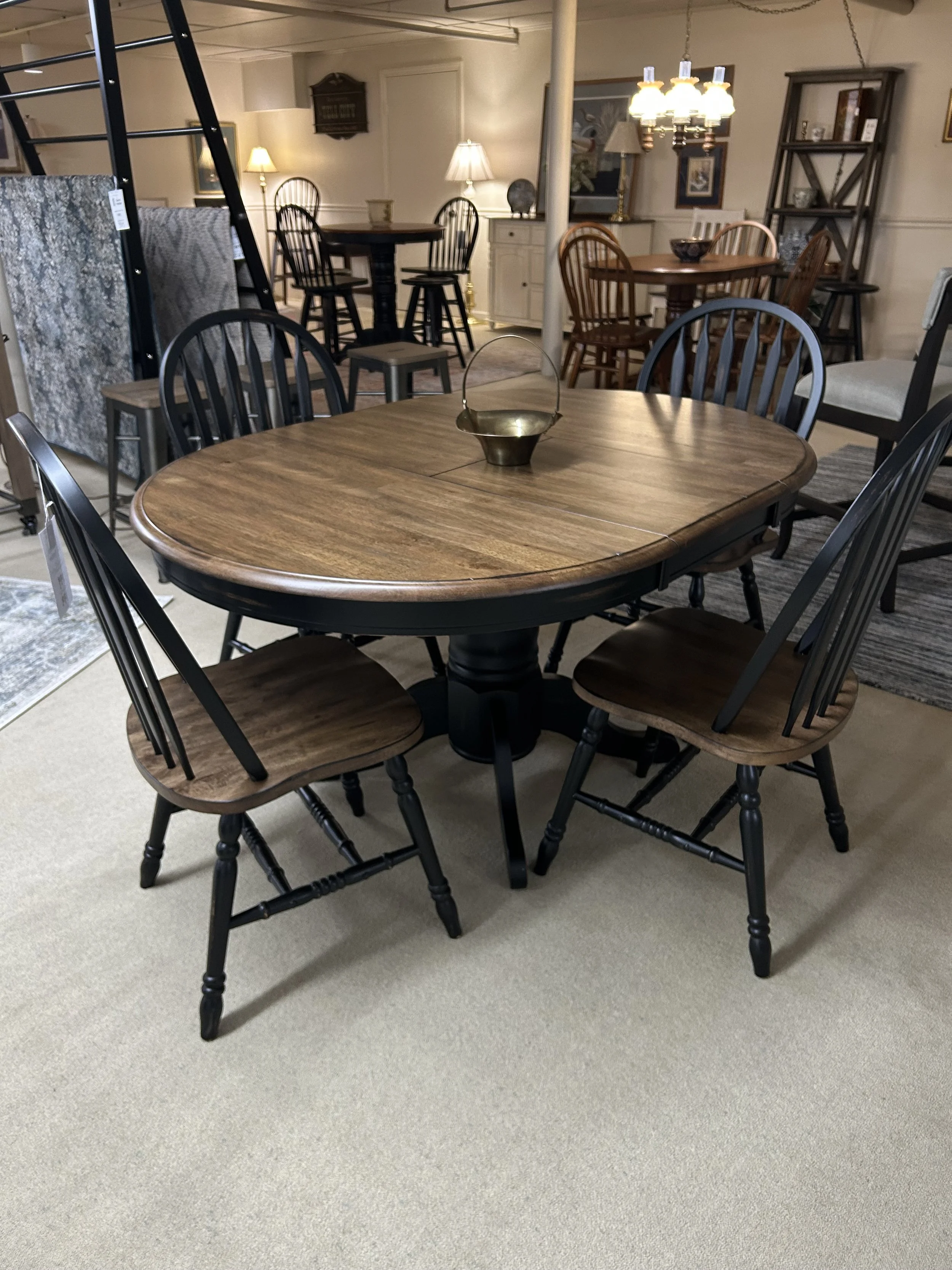 TEI - Solid hardwood 42" round pedestal table in chestnut and black finish with one 15" leaf and four Windsor side chairs from the Country Cottage collection 