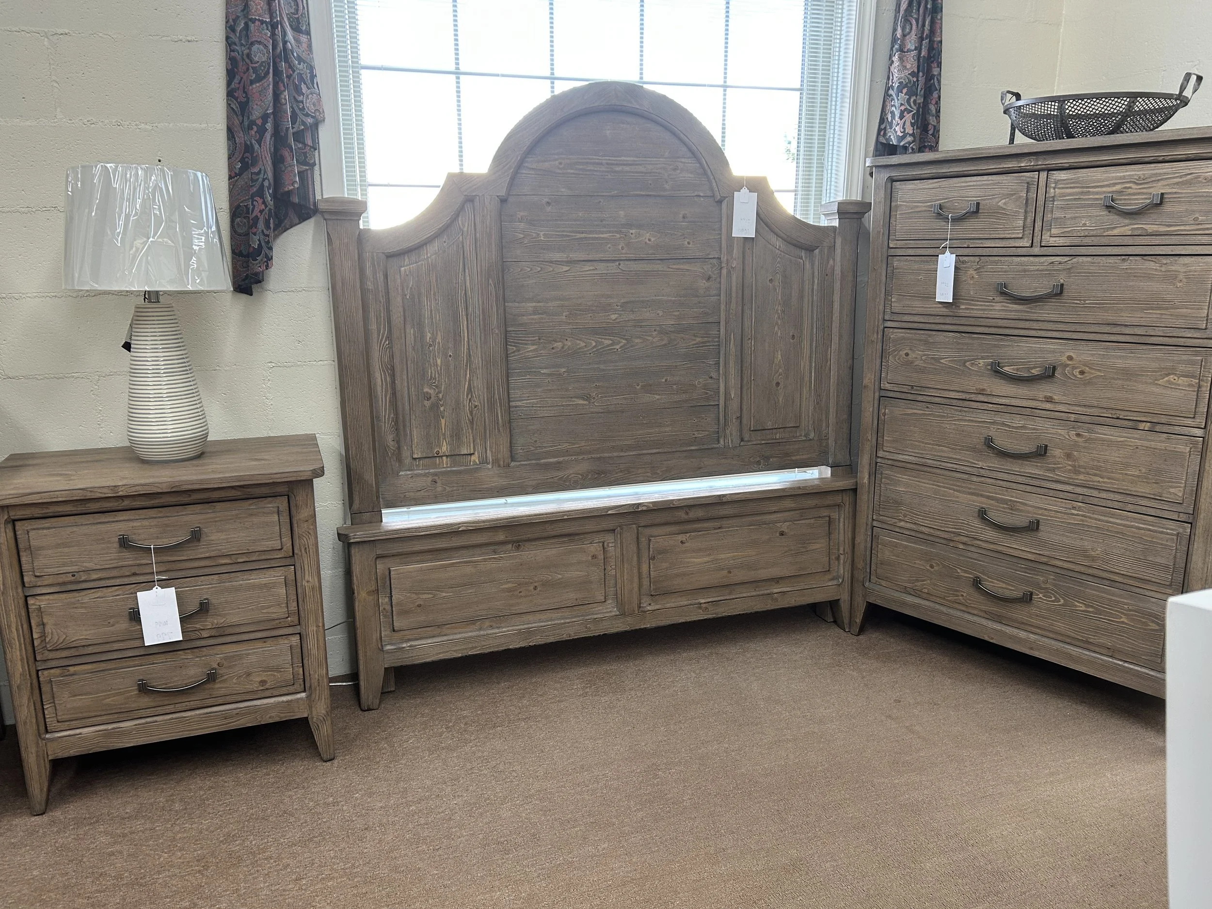 Kincaid - Urban Cottage bedroom suite with Queen panel bed, standing chest, nightstand and dresser (next photo) in harvest finish on solid pine