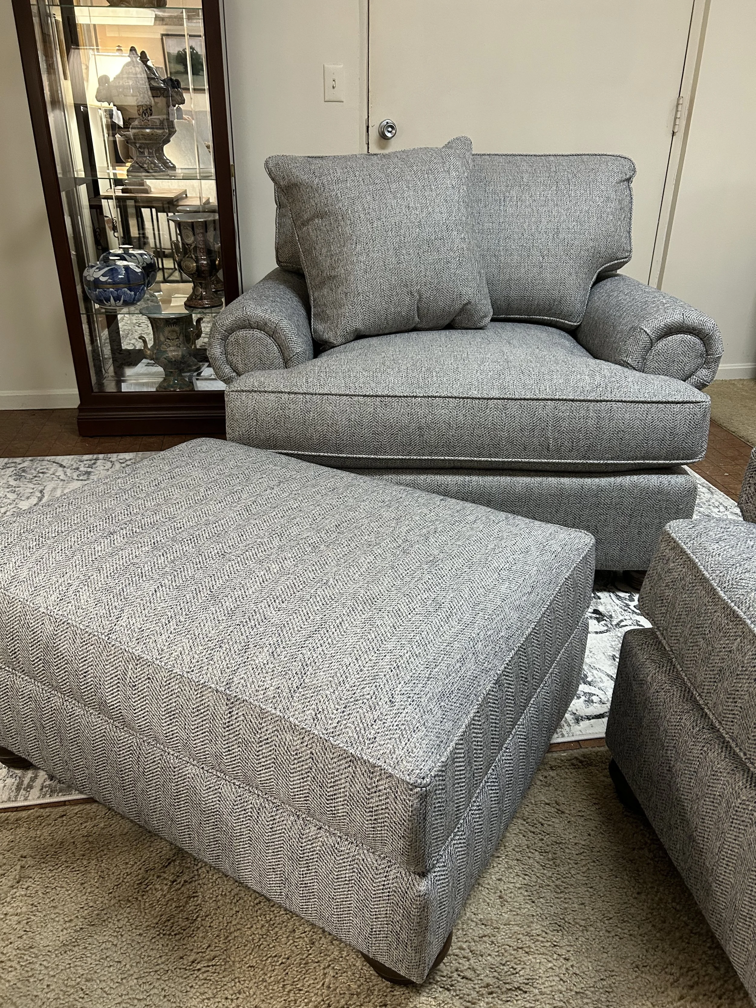 King Hickory - Henson chair & 1/2 with large ottoman in Kempsey Hemp blue-grey performance fabric