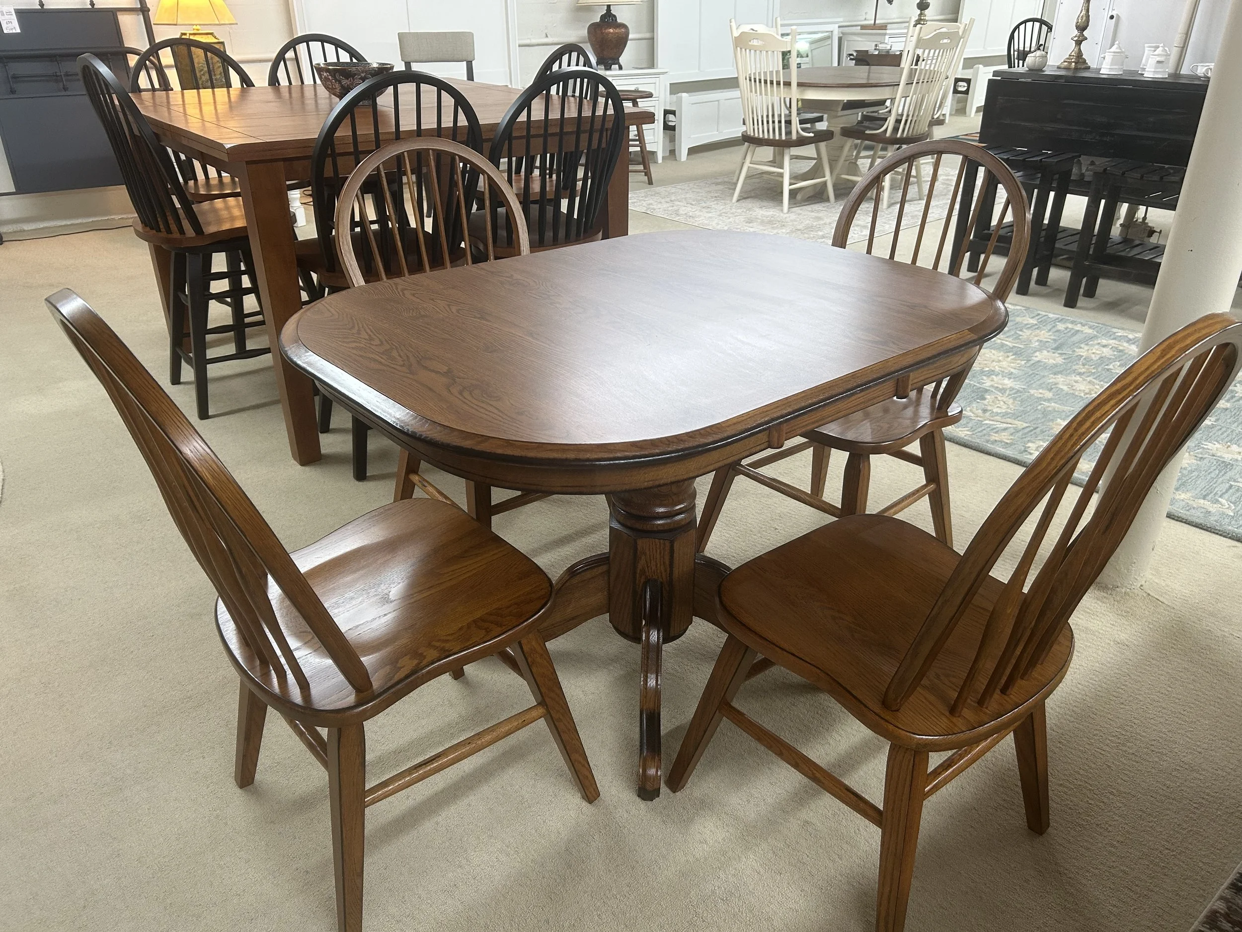 TEI 36“ x 48“ laminated top table with four Oak arrow-back side chairs in burnished finish