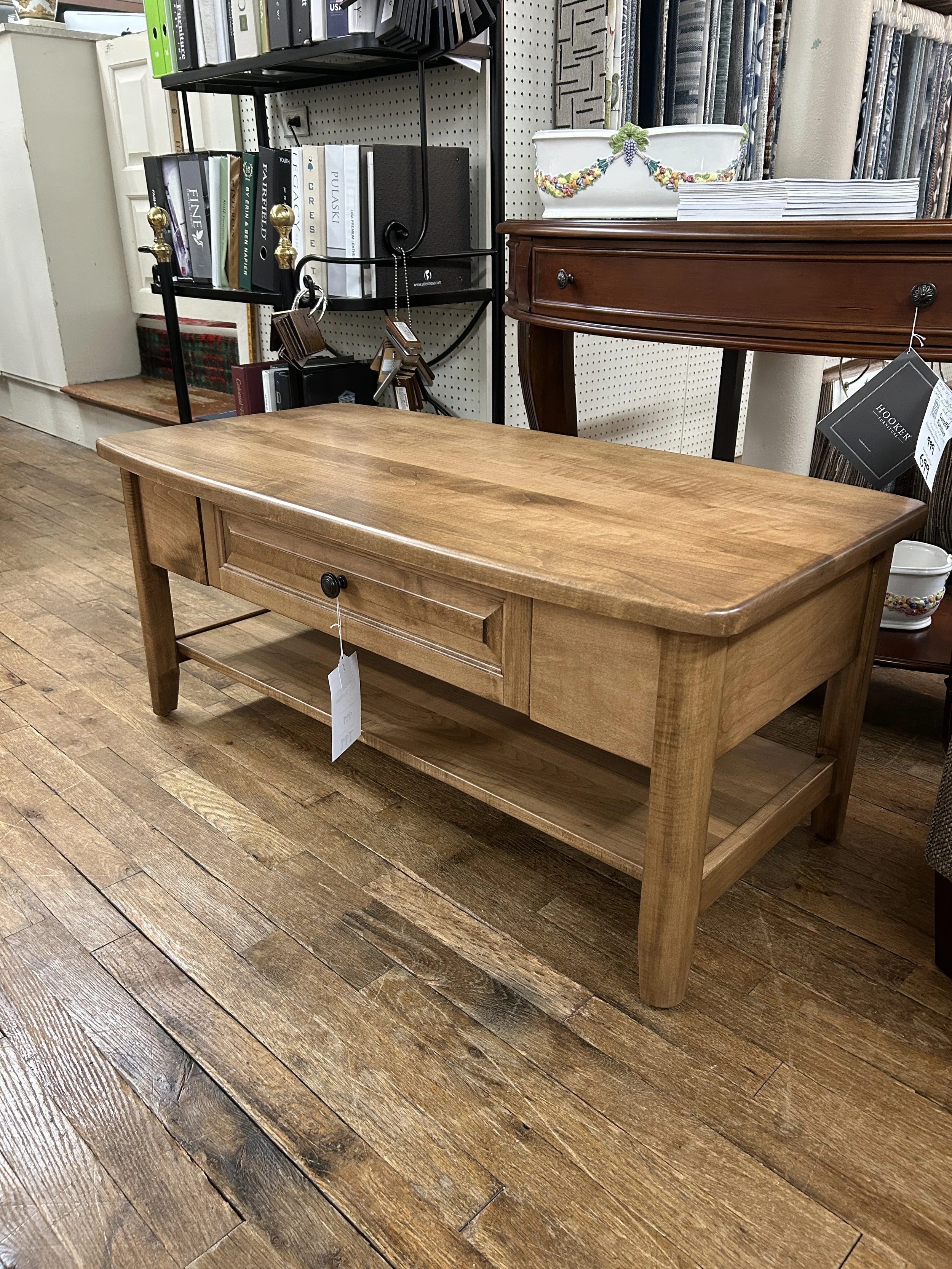 Solid Maple rectangular coffee table with one drawer in harvest finish by Amish Essentials