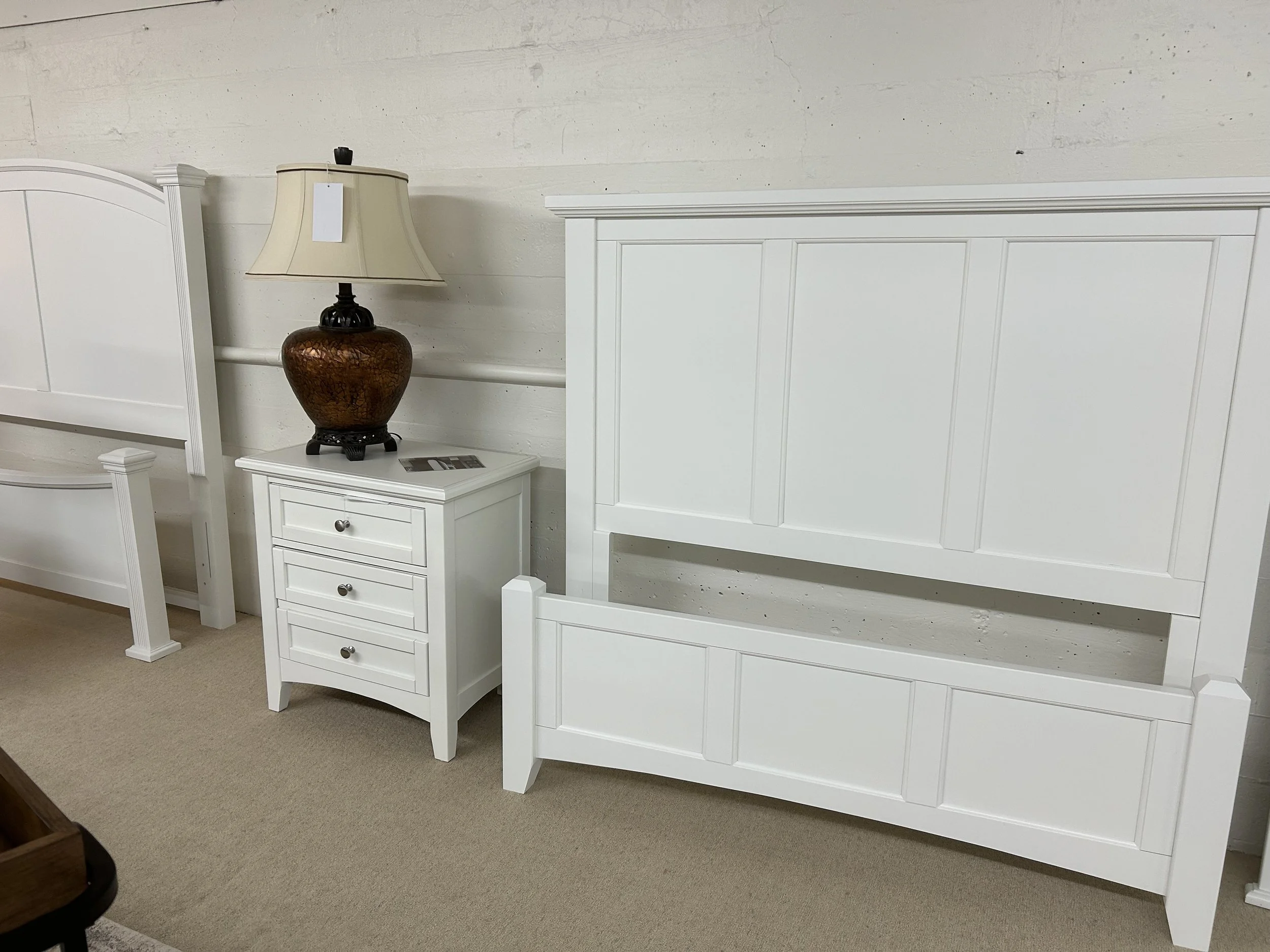 Vaughn Bassett mansion panel bed and arched panel bed with nightstand in white finish