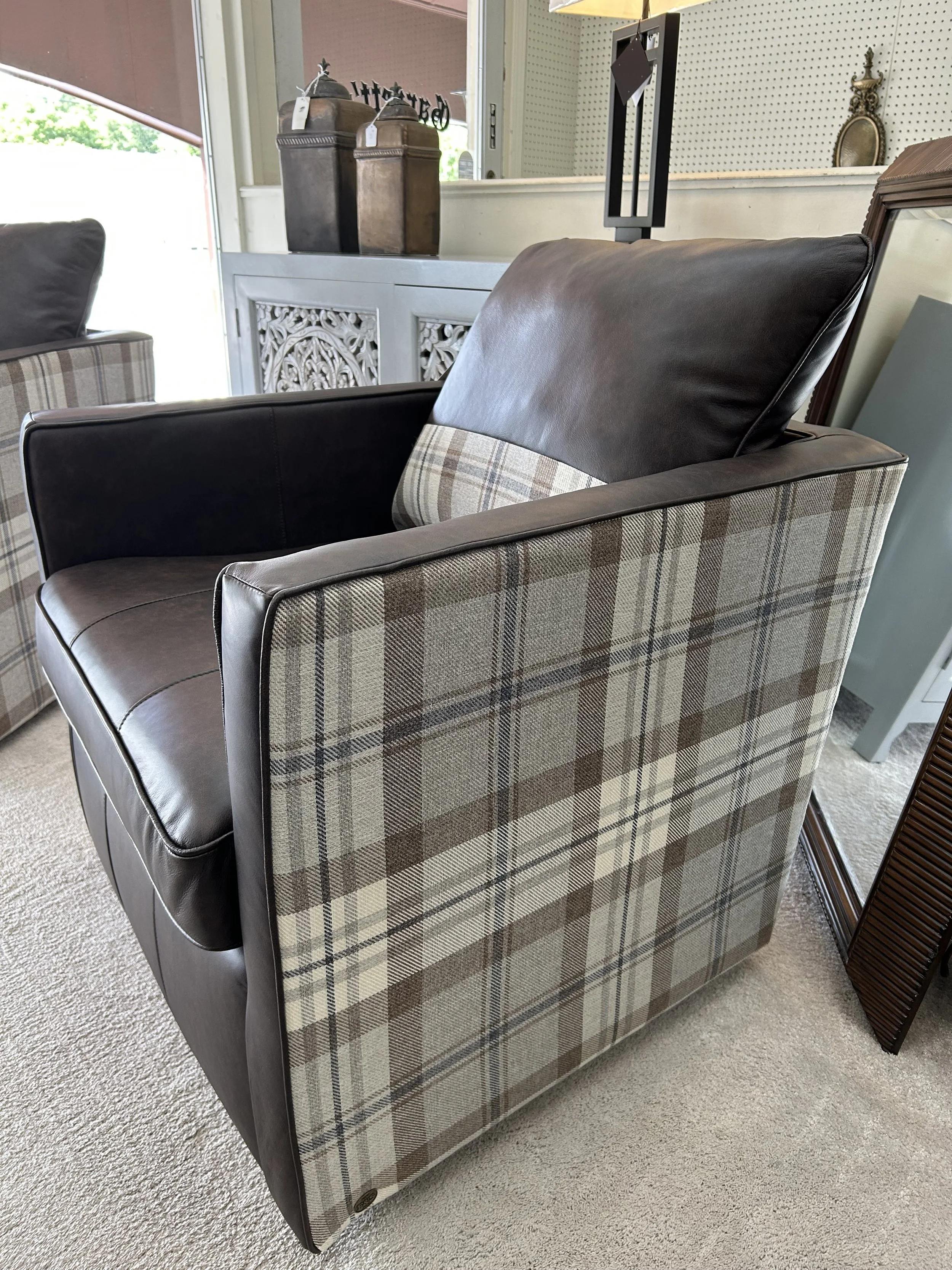 Field and Stream collection: leather and plaid fabric swivel lounge chair