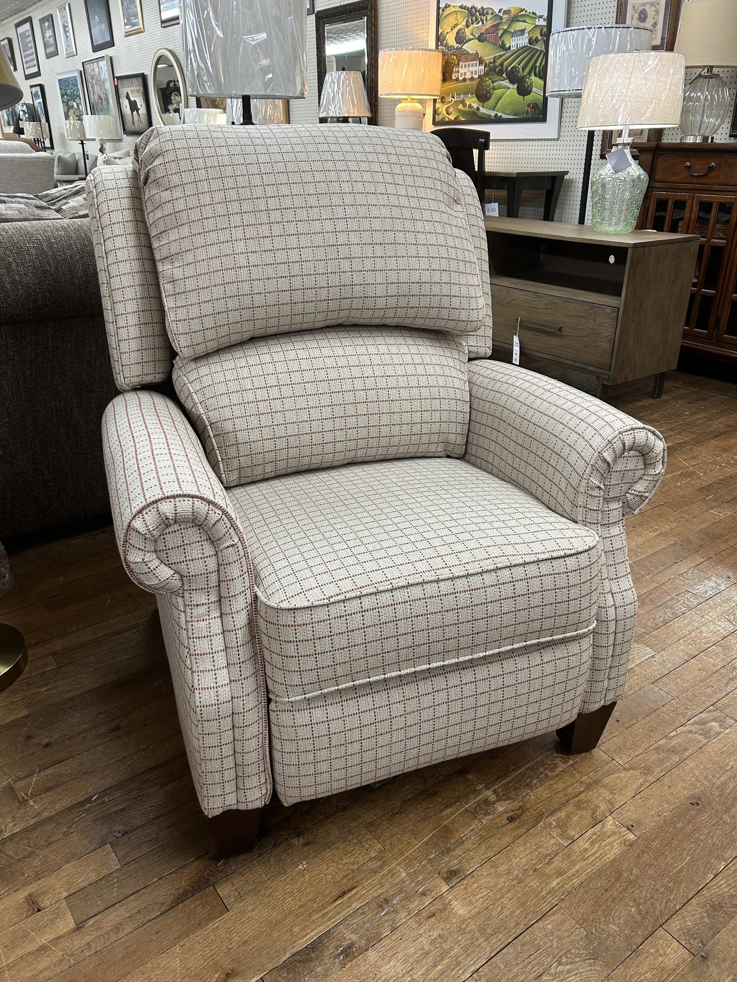 LaZboy high-leg press back reclining chair in print fabric