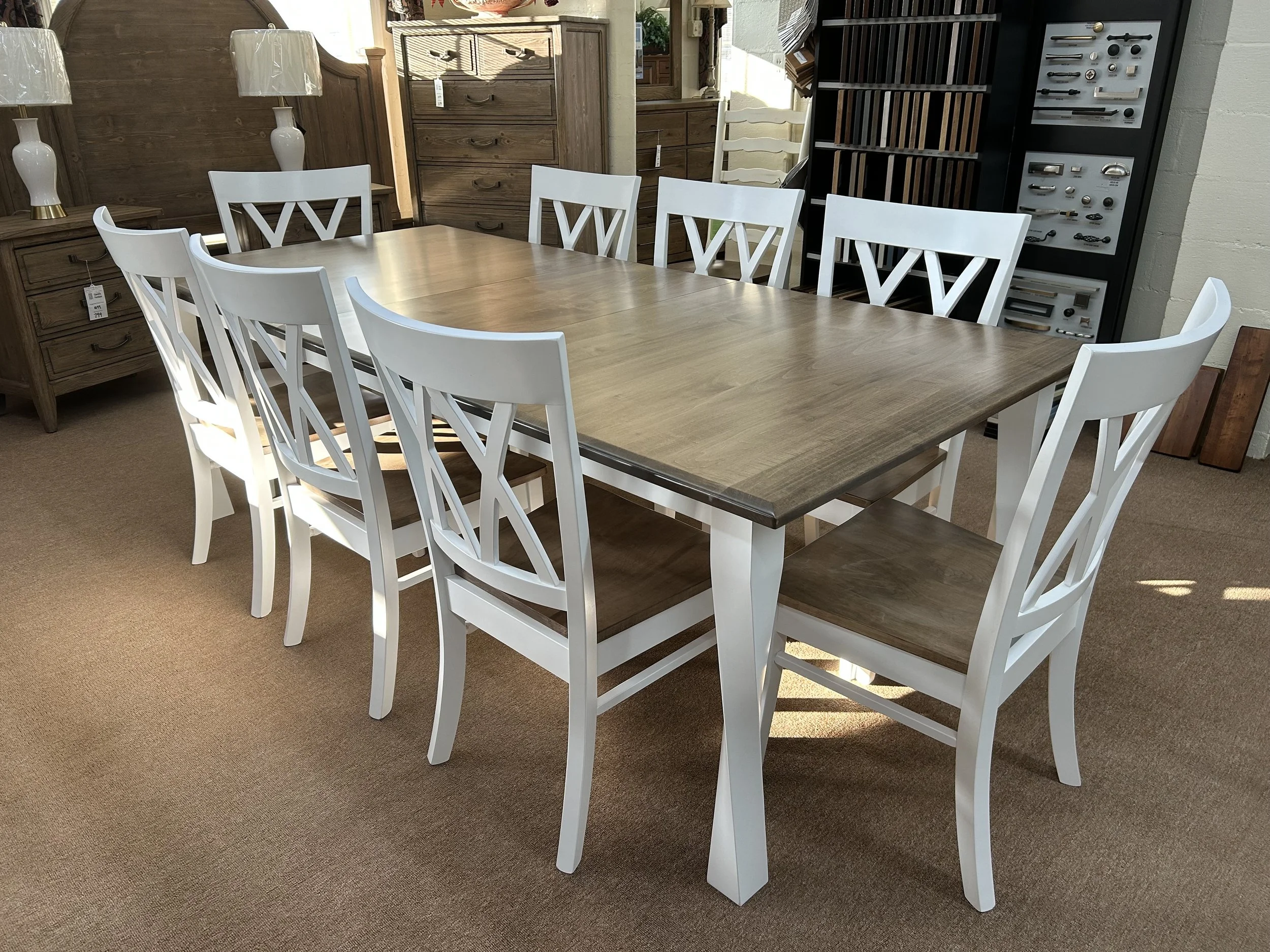 Amish Essentials - Amish made 42”x72” table with one 18” leaf (expands to 90”) with 8 Emmet side chairs in two tone: sandstone and white on solid Maple