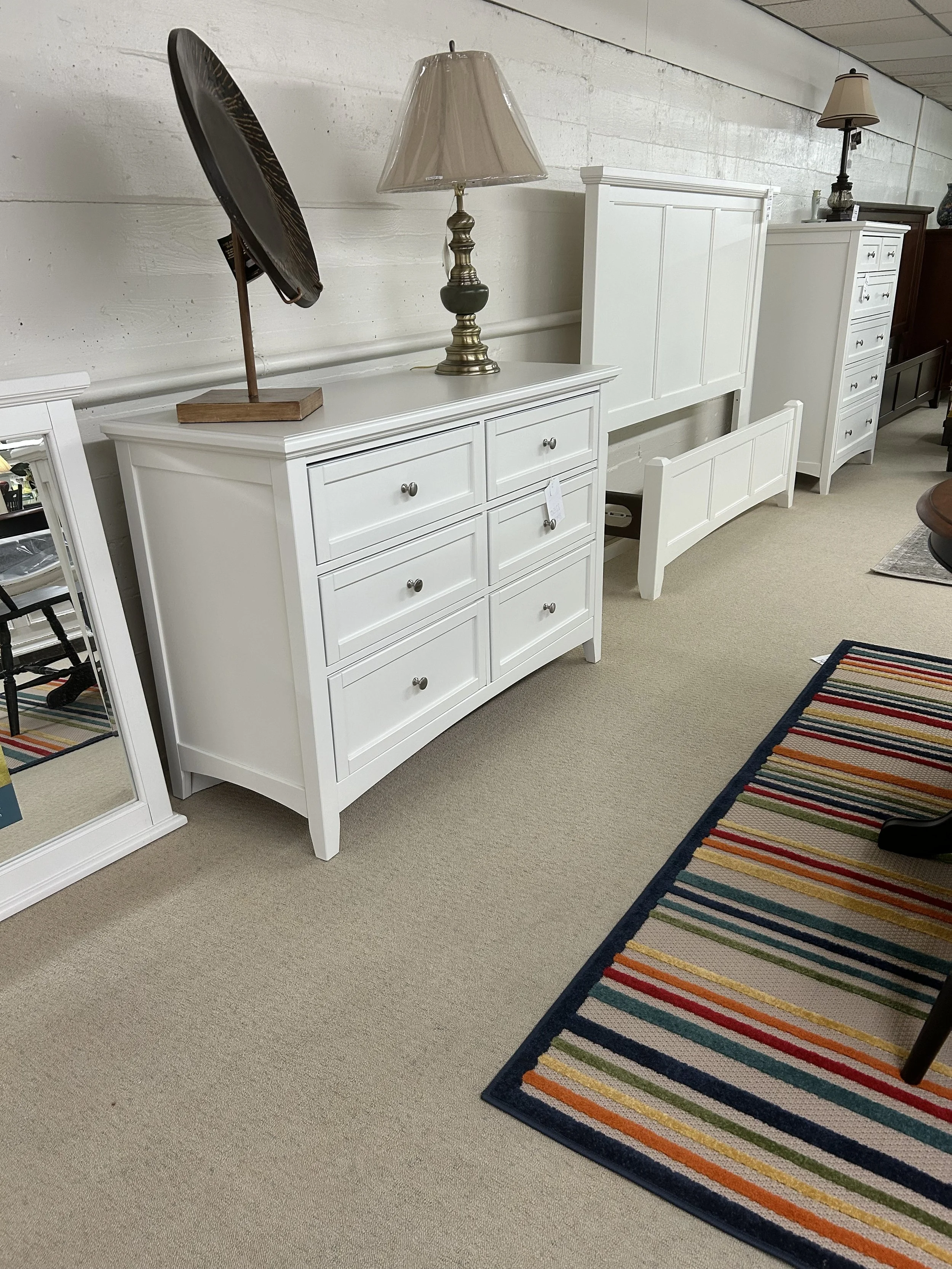 Vaughn Bassett dresser, mirror, mansion panel bed and chest in white finish