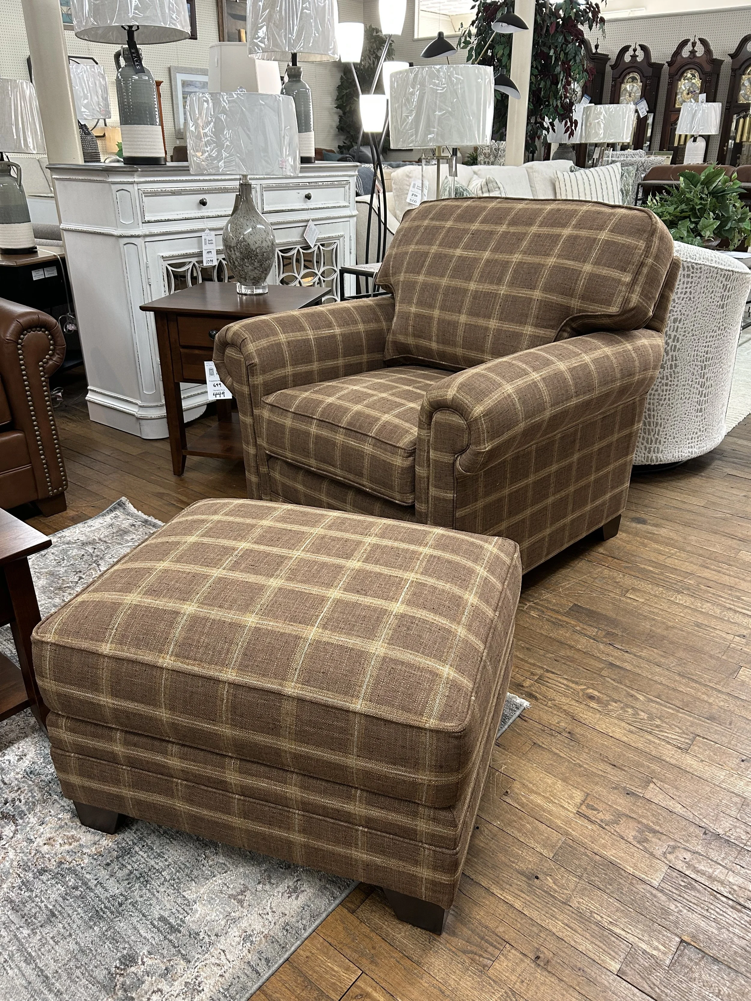 King Hickory - Bentley chair and ottoman in Windowpane Cafe fabric
