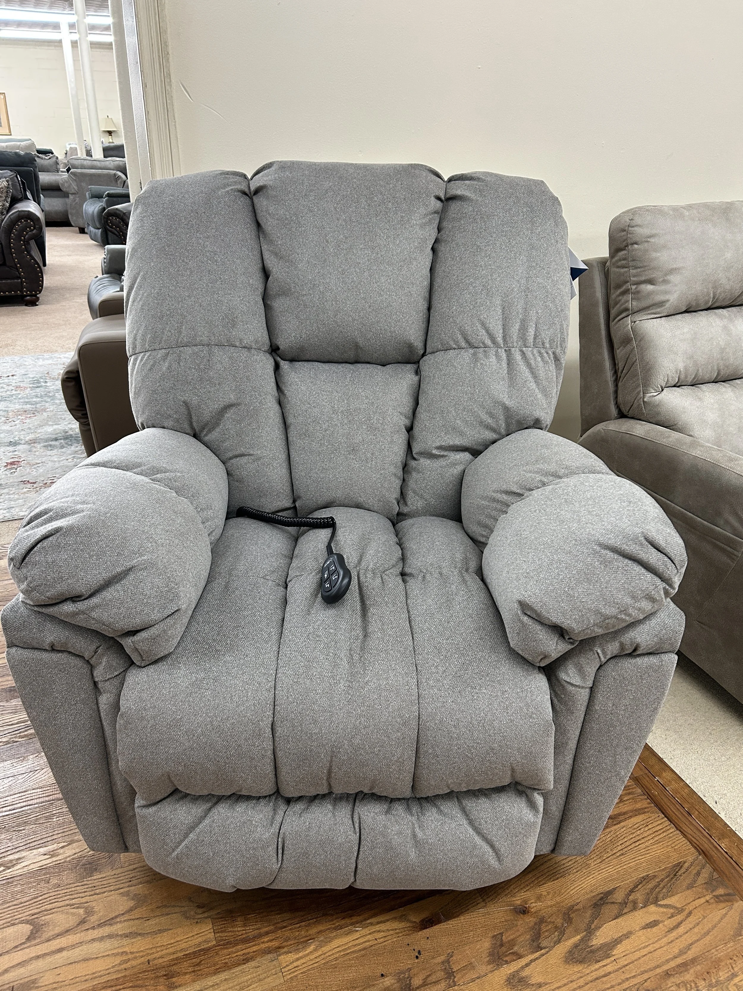 Best “Lucas” Medium Large power lift recliner in grey Alta performance fabric with two motors - rated for 375 lbs.