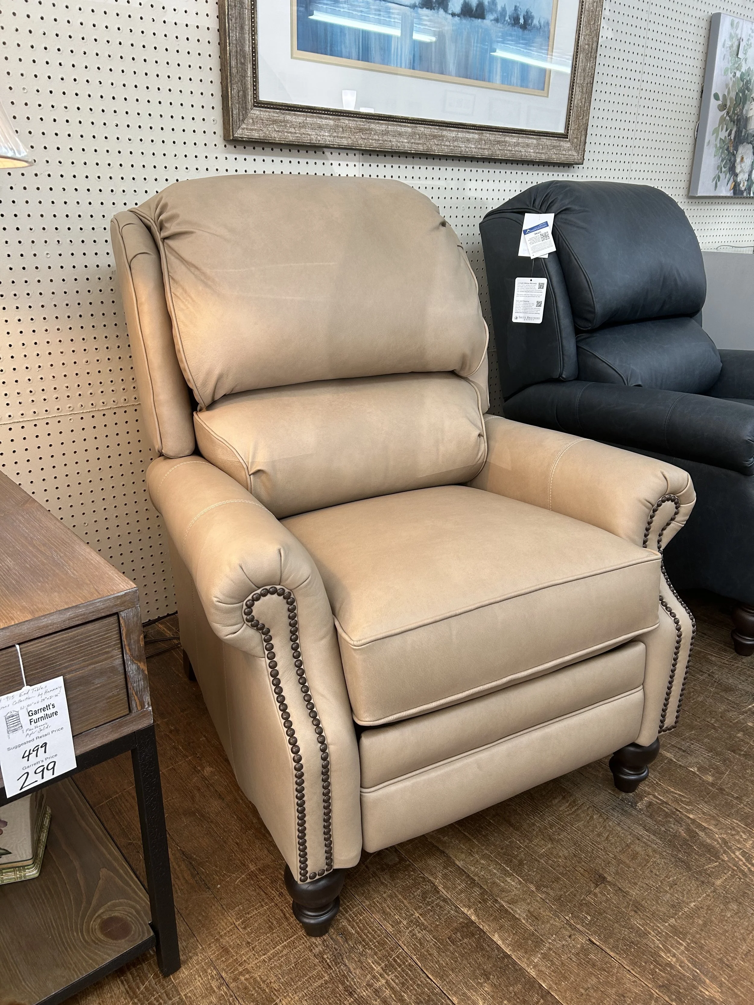 Smith Brothers - tan leather press-back reclining chair (705-33). Top-grain, all-over leather.