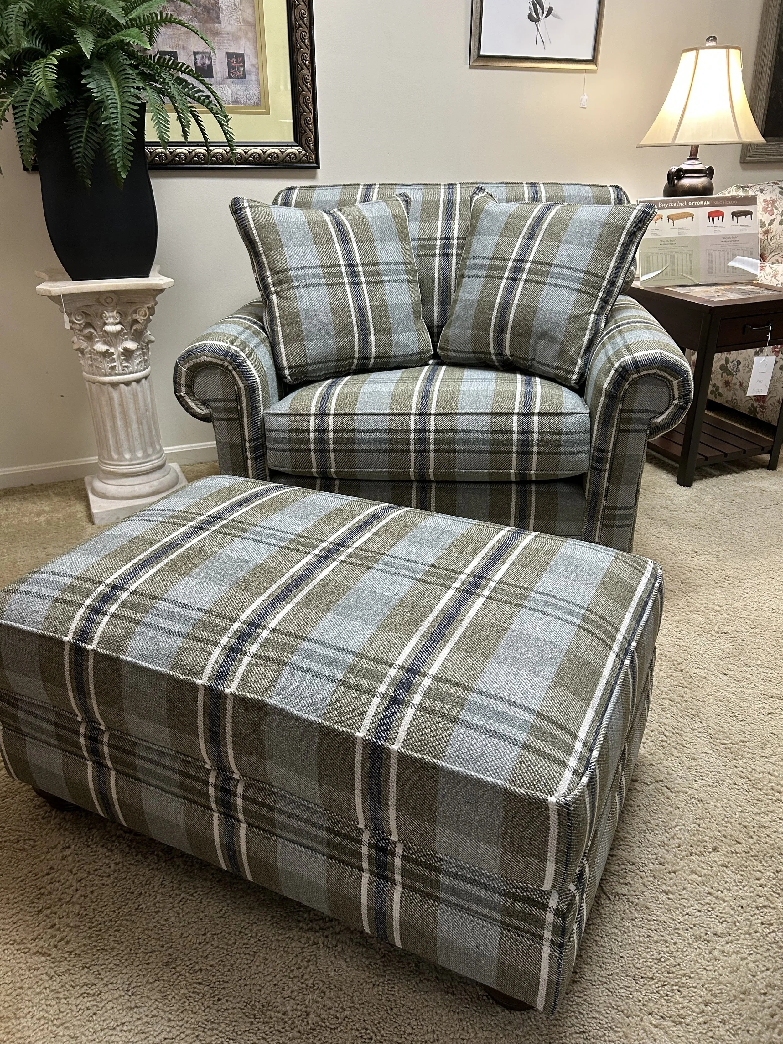 King Hickory - Chair & 1/2 with large ottoman in Bobbie Moss plaid fabric