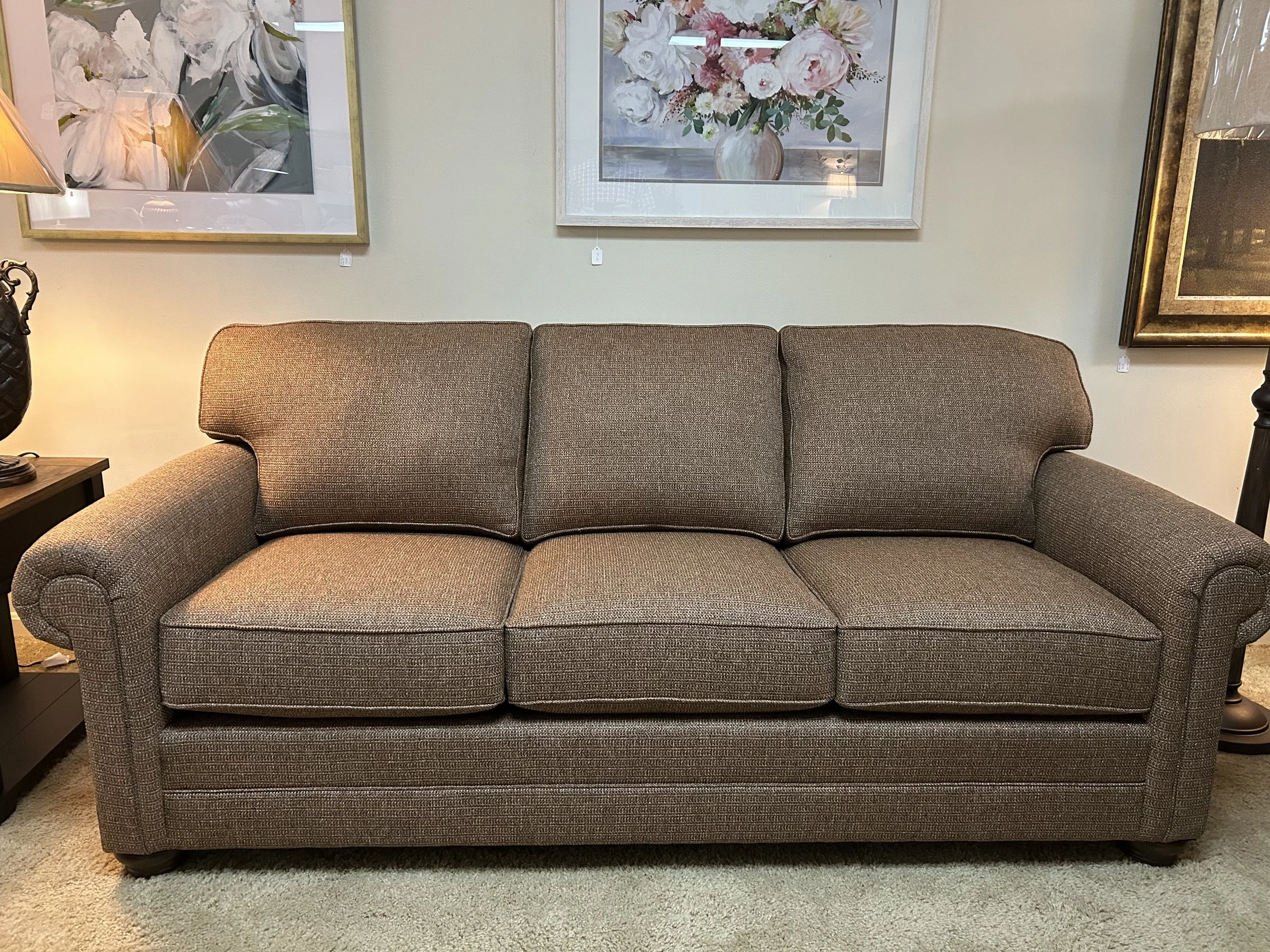 King Hickory - Bentley sofa in Bromance Amber brown performance fabric