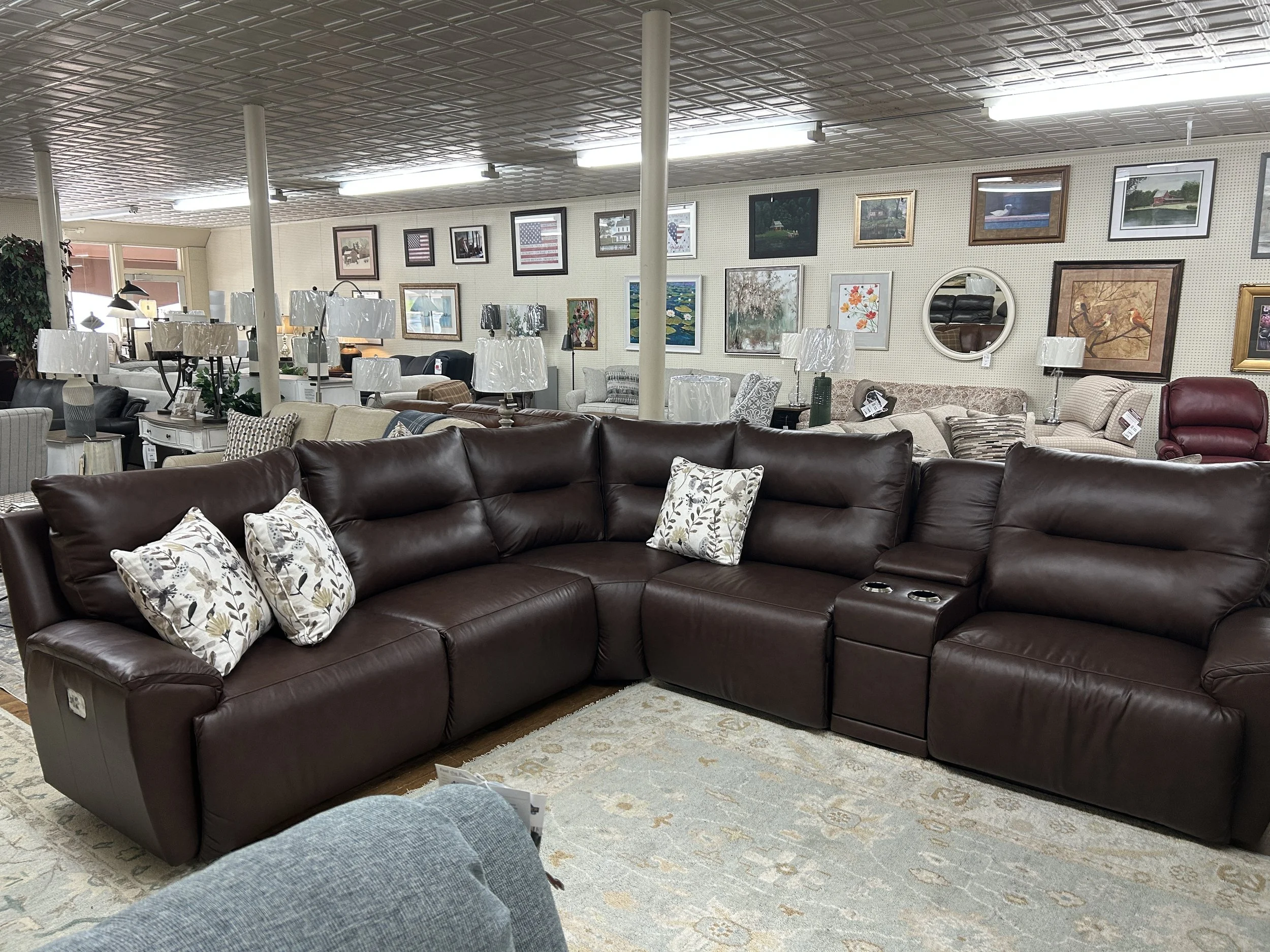 LaZboy - Palmer sectional in brown leather with 3 power reclining seats and a console