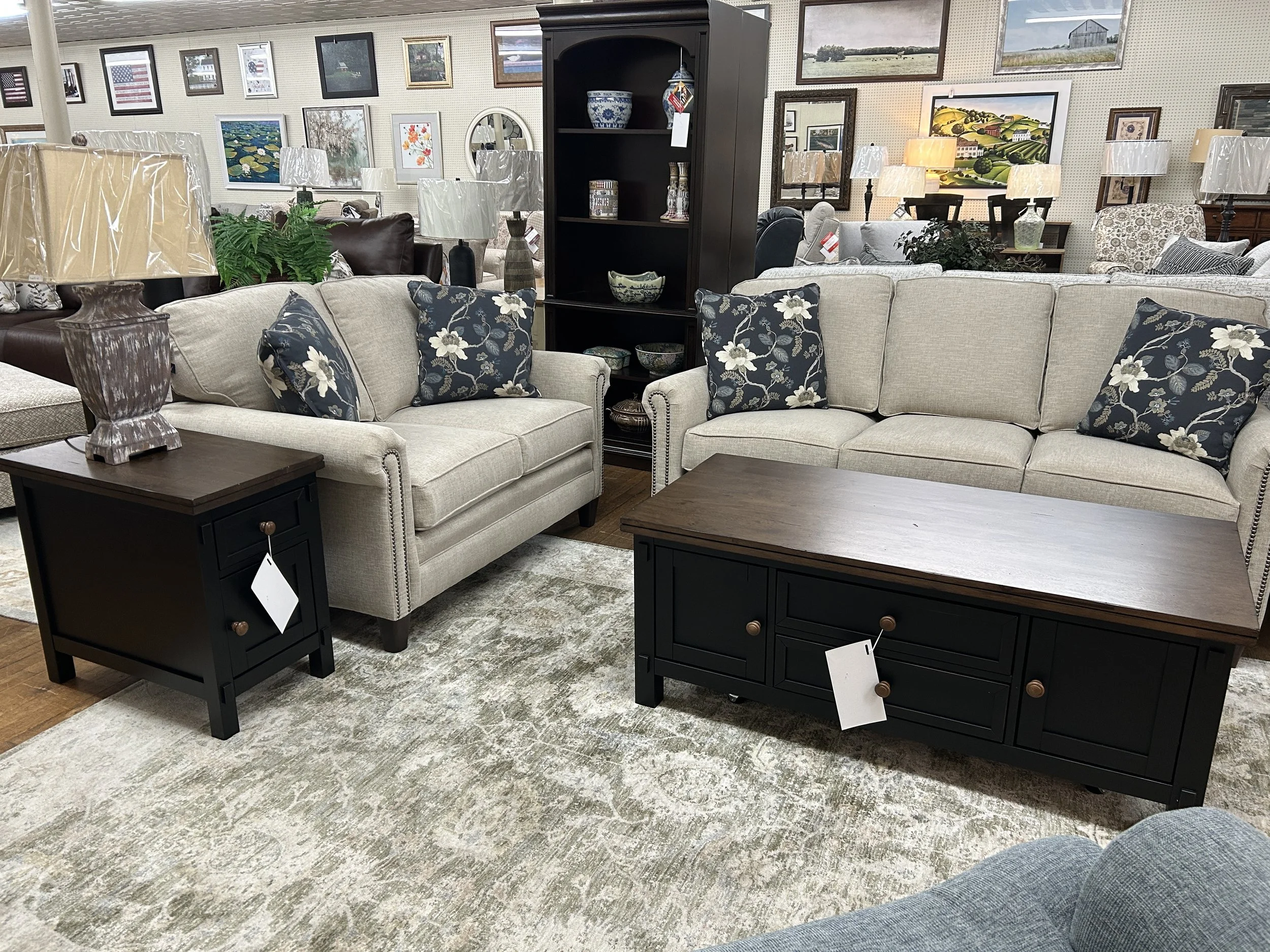 Stormy Ridge 72" cabinet end-table and coffee table in two-tone: slate black and distressed chickory by A-America