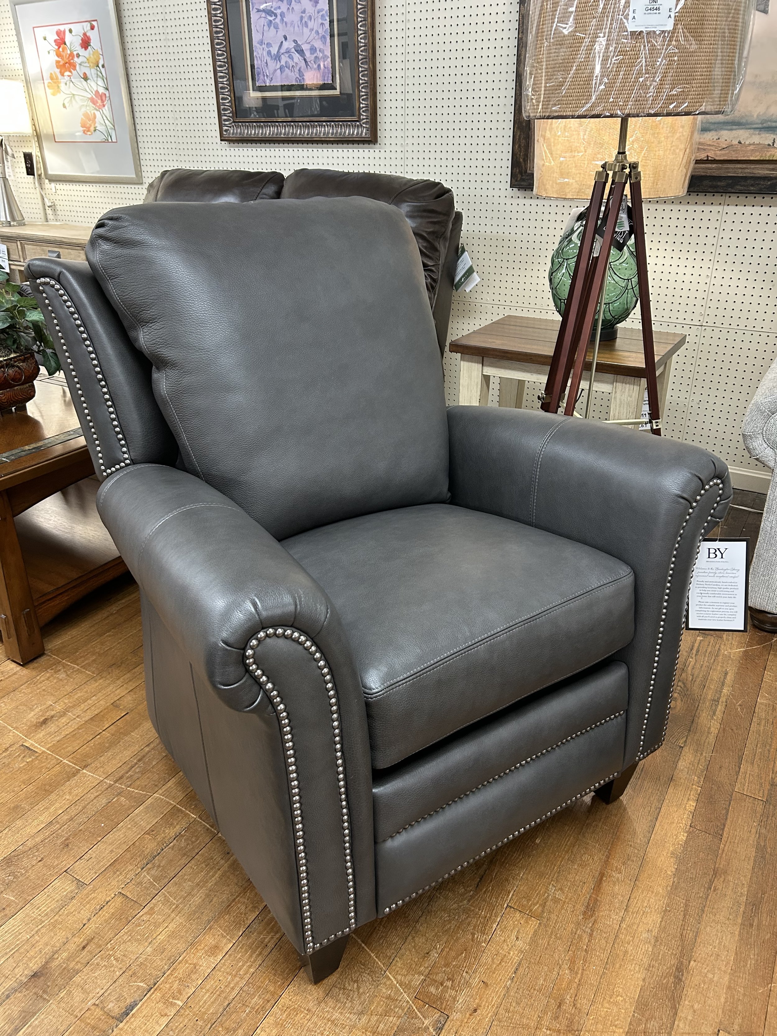 Bradington Young high leg Richardson press-back grey leather recliner
