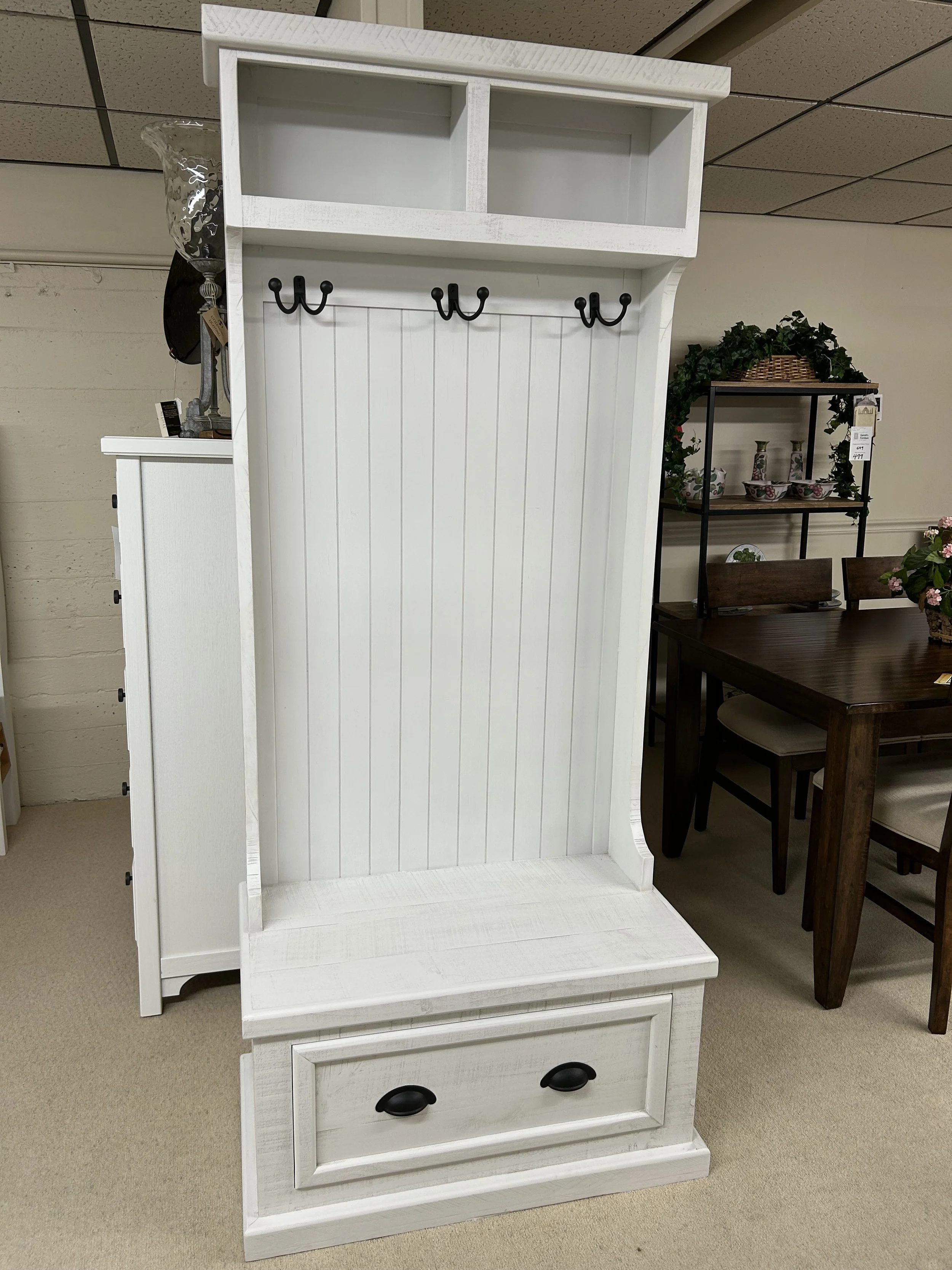 76" high solid wood hall tree in white finish by Million Dollar Rustic (H: 76" x W: 32" x D: 18")