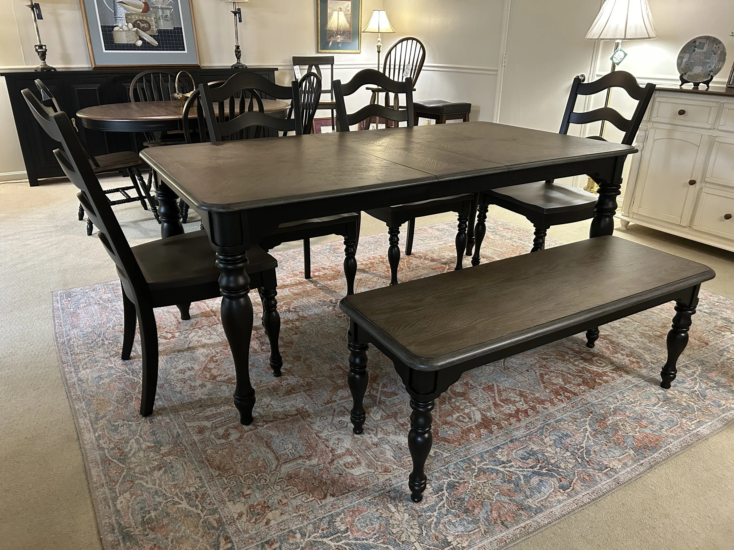 Liberty farmhouse leg dining table (40” x 72”) with four ladderback chairs and a bench in two-tone finish