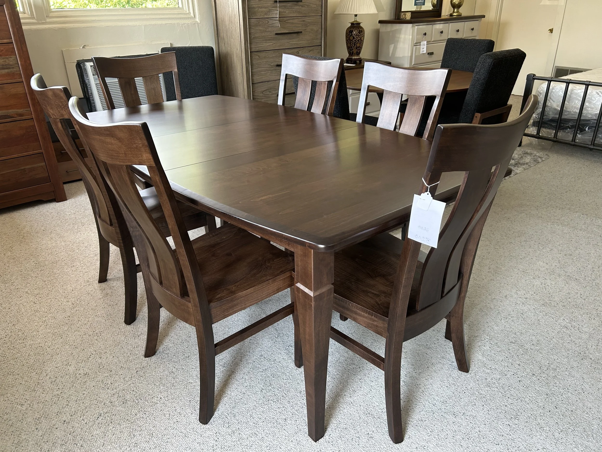 Amish-made Amish Essentials solid Maple table in Earthtone finish - 40” by 60” table with one 18” leaf and six Florence side chairs