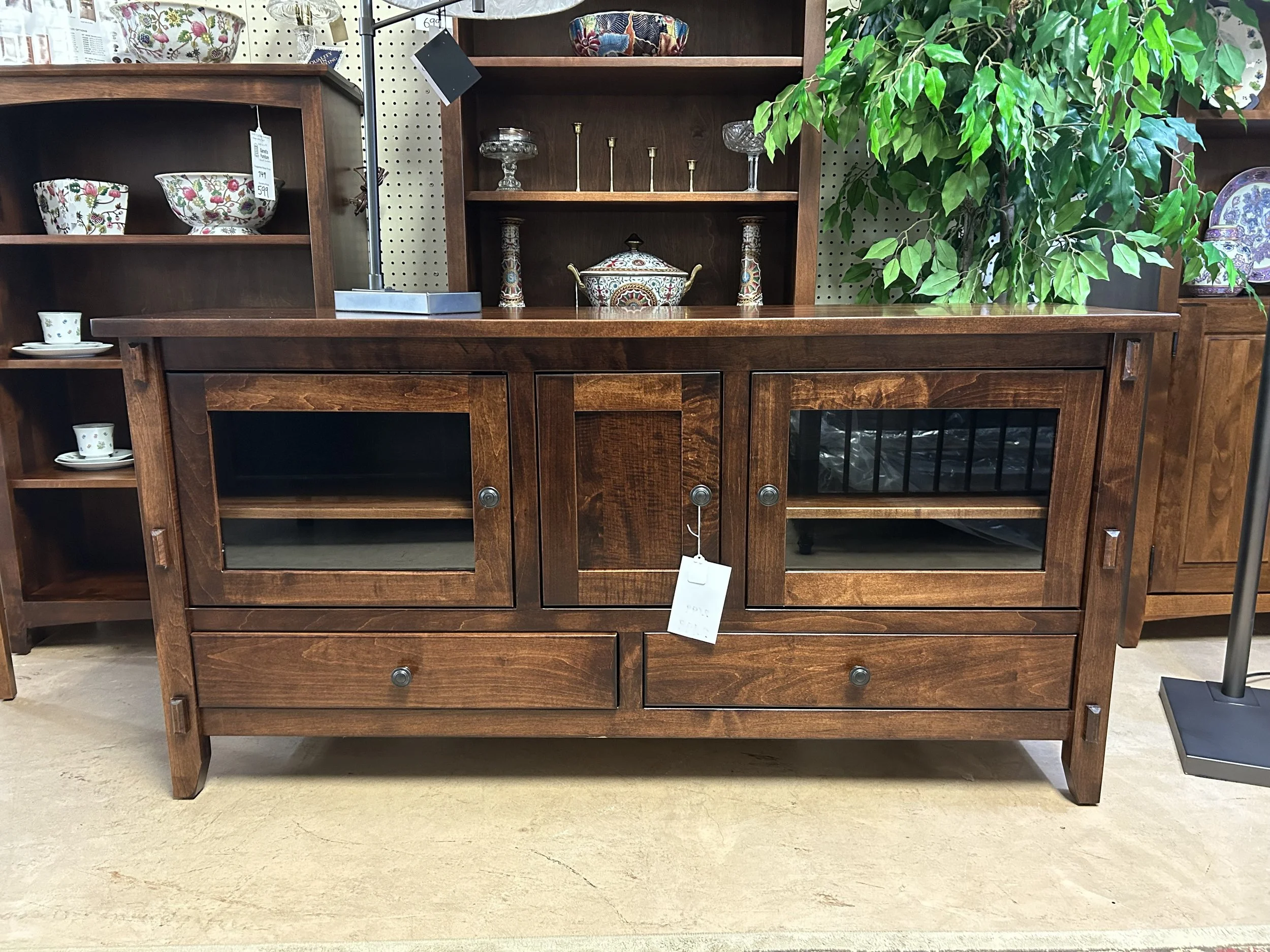 Amish-made Amish Essentials 60” entertainment console in solid Maple with Asbury finish