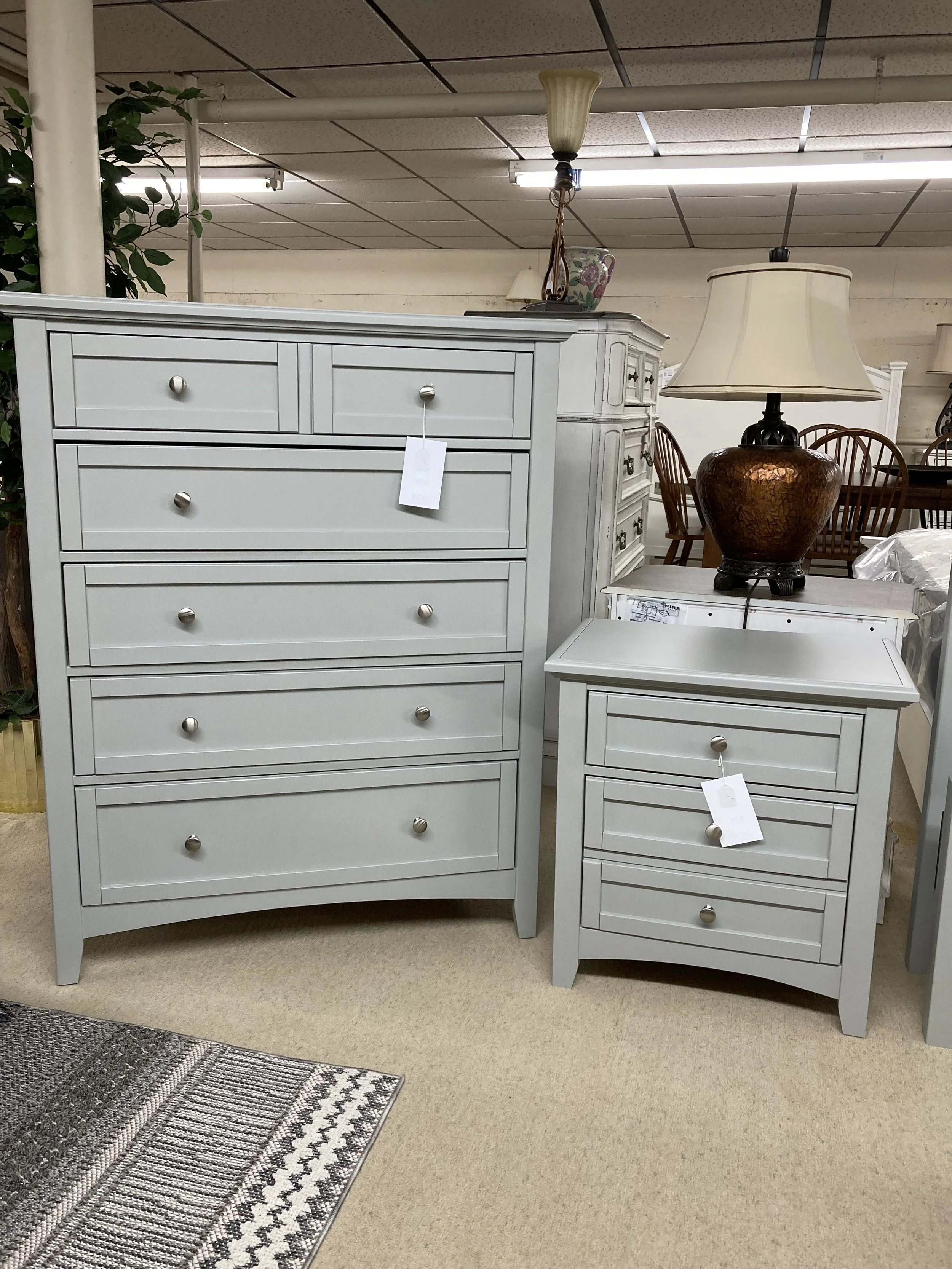 Vaughan Bassett chest and nightstand in soft grey finish