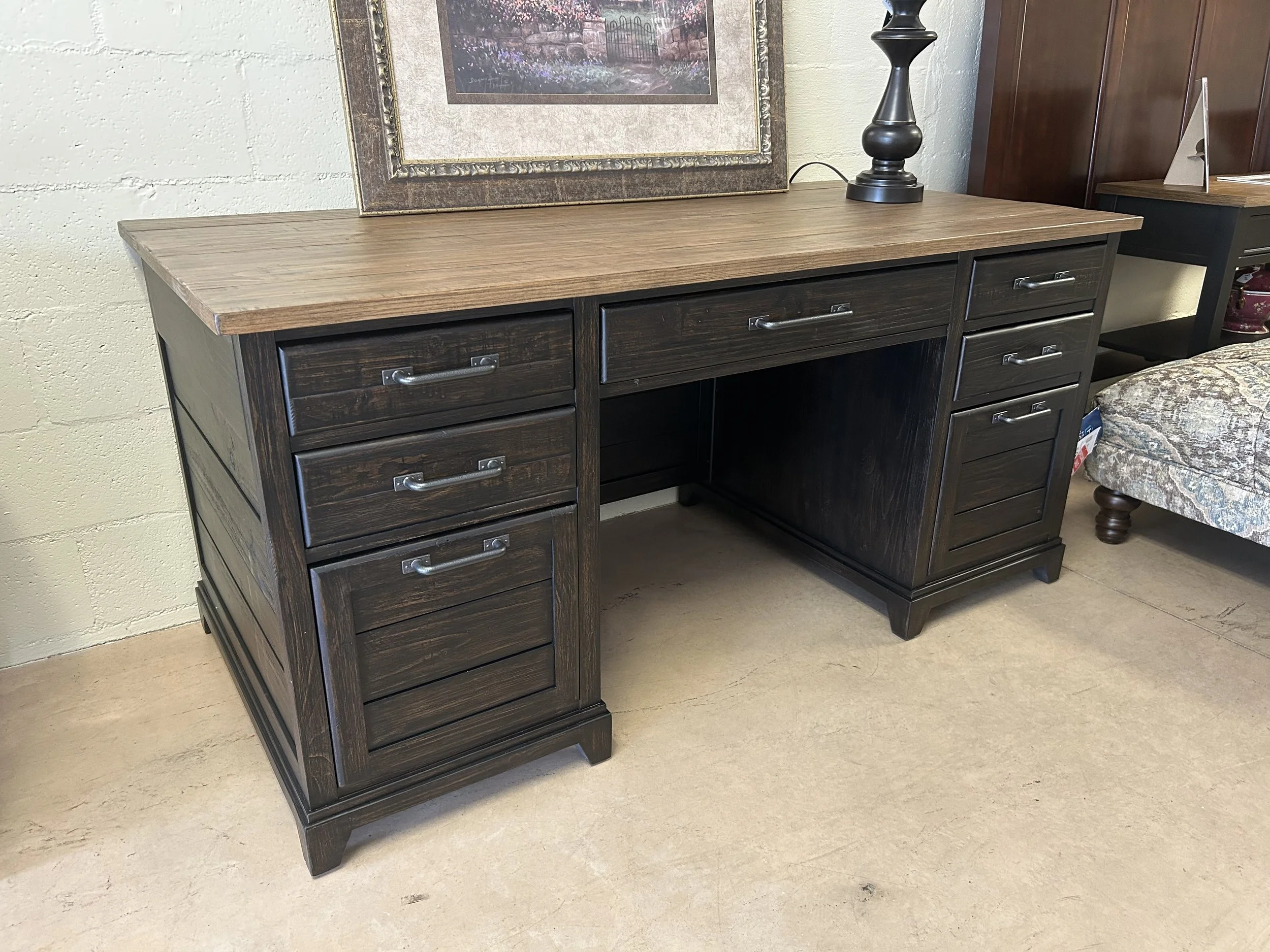 Kincaid - Plank Road farmstead Executive desk in two-tone charcoal and natural finish on New Zealand Pine. W: 70“ x H: 35.5“ x D: 26“